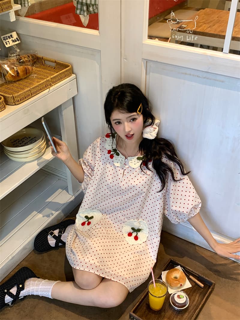 실사 새로운 한 부서 달콤함 연령 감소 수공 짜임 체리 주머니 루즈핏 드레스 상세 이미지 4