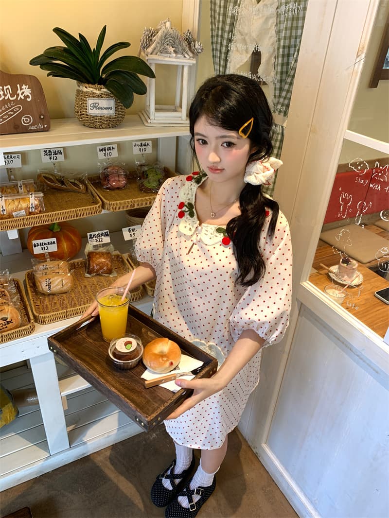 실사 새로운 한 부서 달콤함 연령 감소 수공 짜임 체리 주머니 루즈핏 드레스 상세 이미지 12
