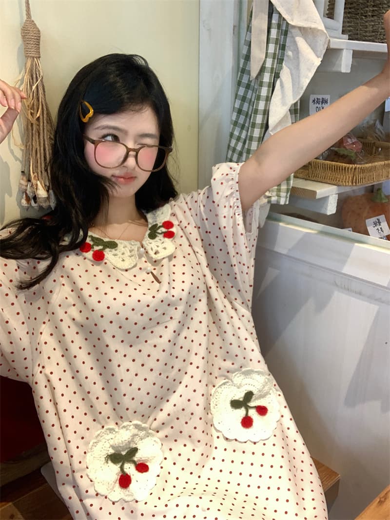 실사 새로운 한 부서 달콤함 연령 감소 수공 짜임 체리 주머니 루즈핏 드레스 상세 이미지 17