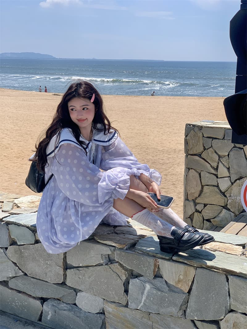 실사 새로운 한 부서 달콤함 연령 감소 무거운 작업 해군 칼라 넥타이 꽃밭 긴팔 드레스 이미지 2