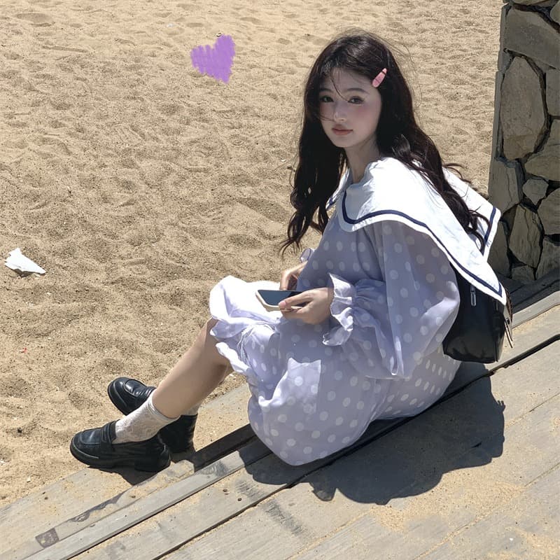 실사 새로운 한 부서 달콤함 연령 감소 무거운 작업 해군 칼라 넥타이 꽃밭 긴팔 드레스 이미지 6