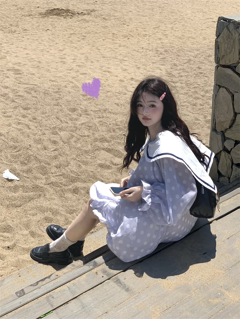 실사 새로운 한 부서 달콤함 연령 감소 무거운 작업 해군 칼라 넥타이 꽃밭 긴팔 드레스 상세 이미지 3