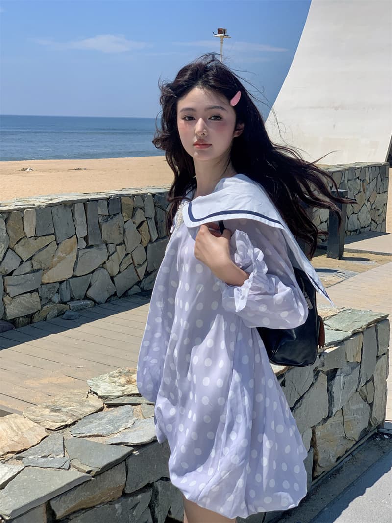 실사 새로운 한 부서 달콤함 연령 감소 무거운 작업 해군 칼라 넥타이 꽃밭 긴팔 드레스 상세 이미지 5