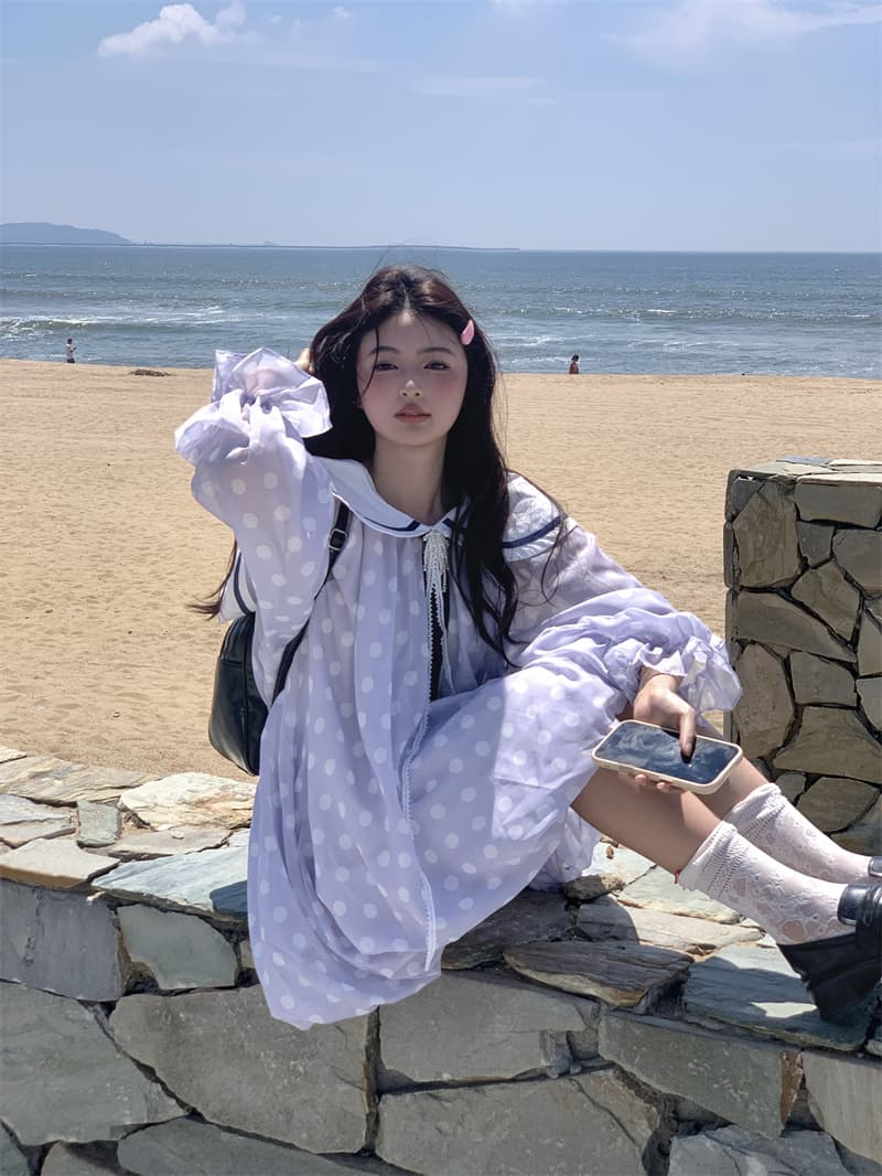 실사 새로운 한 부서 달콤함 연령 감소 무거운 작업 해군 칼라 넥타이 꽃밭 긴팔 드레스 상세 이미지 10