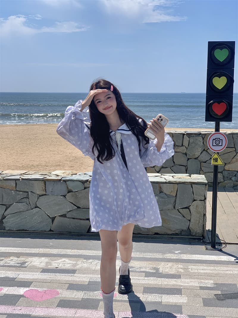실사 새로운 한 부서 달콤함 연령 감소 무거운 작업 해군 칼라 넥타이 꽃밭 긴팔 드레스 상세 이미지 14