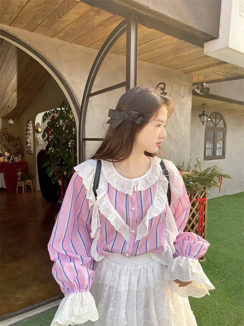 실사 새로운 한 부서 달콤함 연령 감소 레이스 패치워크 프릴 루즈핏 긴팔 셔츠 상세 이미지 17
