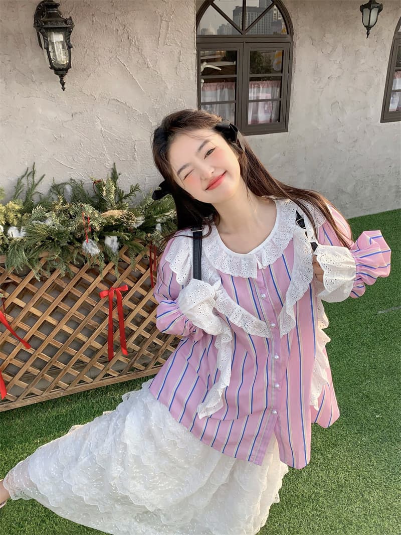 실사 새로운 한 부서 달콤함 연령 감소 레이스 패치워크 프릴 루즈핏 긴팔 셔츠 상세 이미지 28