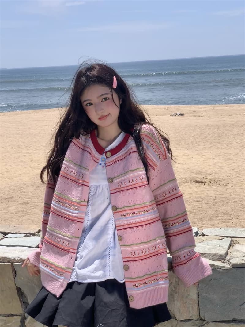 실사 새로운 한 부서 달콤함 연령 감소 무거운 작업 자카드 홀로우 아웃 오픈 가디건 니트 스웨터 코트 상세 이미지 31