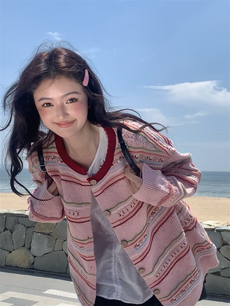 실사 새로운 한 부서 달콤함 연령 감소 무거운 작업 자카드 홀로우 아웃 오픈 가디건 니트 스웨터 코트 상세 이미지 32
