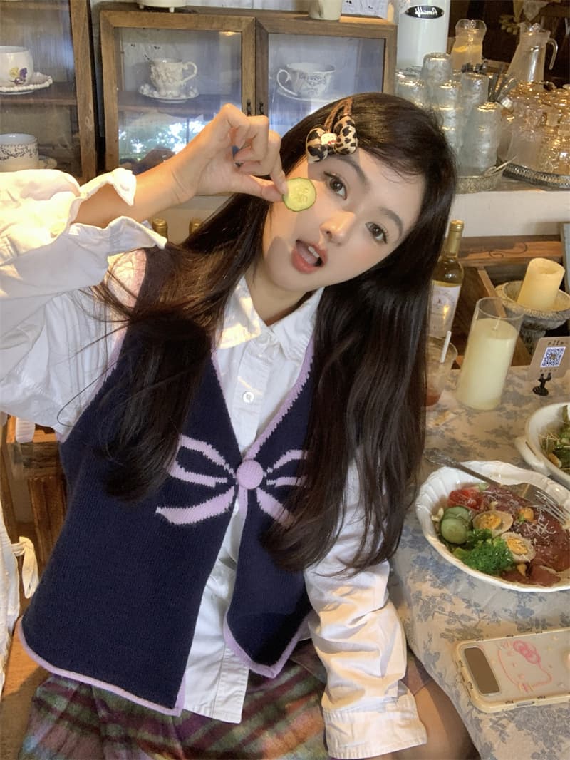 실사 새로운 한 부서 달콤함 연령 감소 배색 자카드 나비 매듭 스택 착용 니트 베스트 조끼