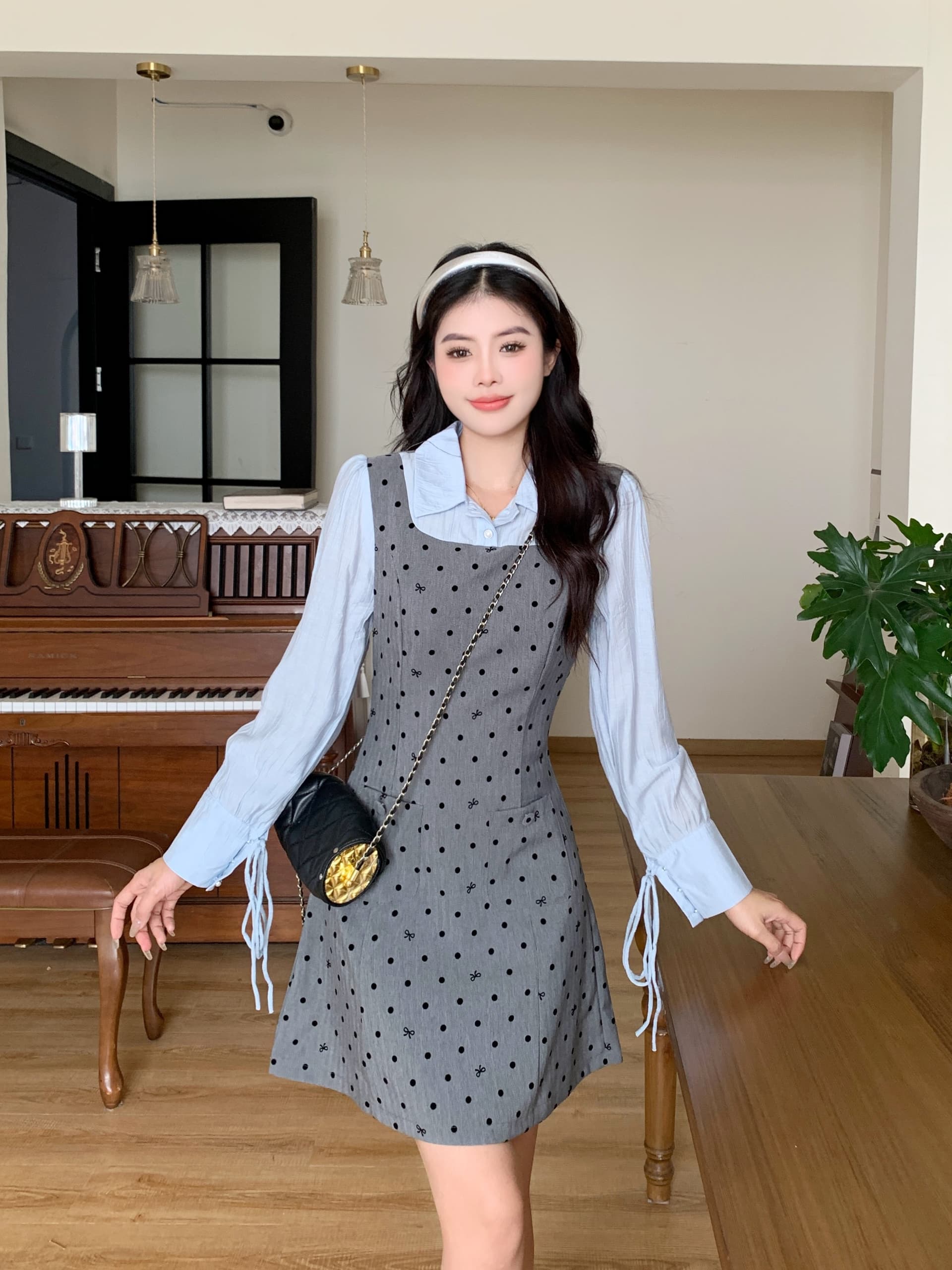 빅 사이즈 2026 봄 마이크로 지방 빅 사이즈 도트 무늬 긴팔 조끼 스커트 패치워크 셔츠 페이크 레이어드 여성 드레스 상세 이미지 5
