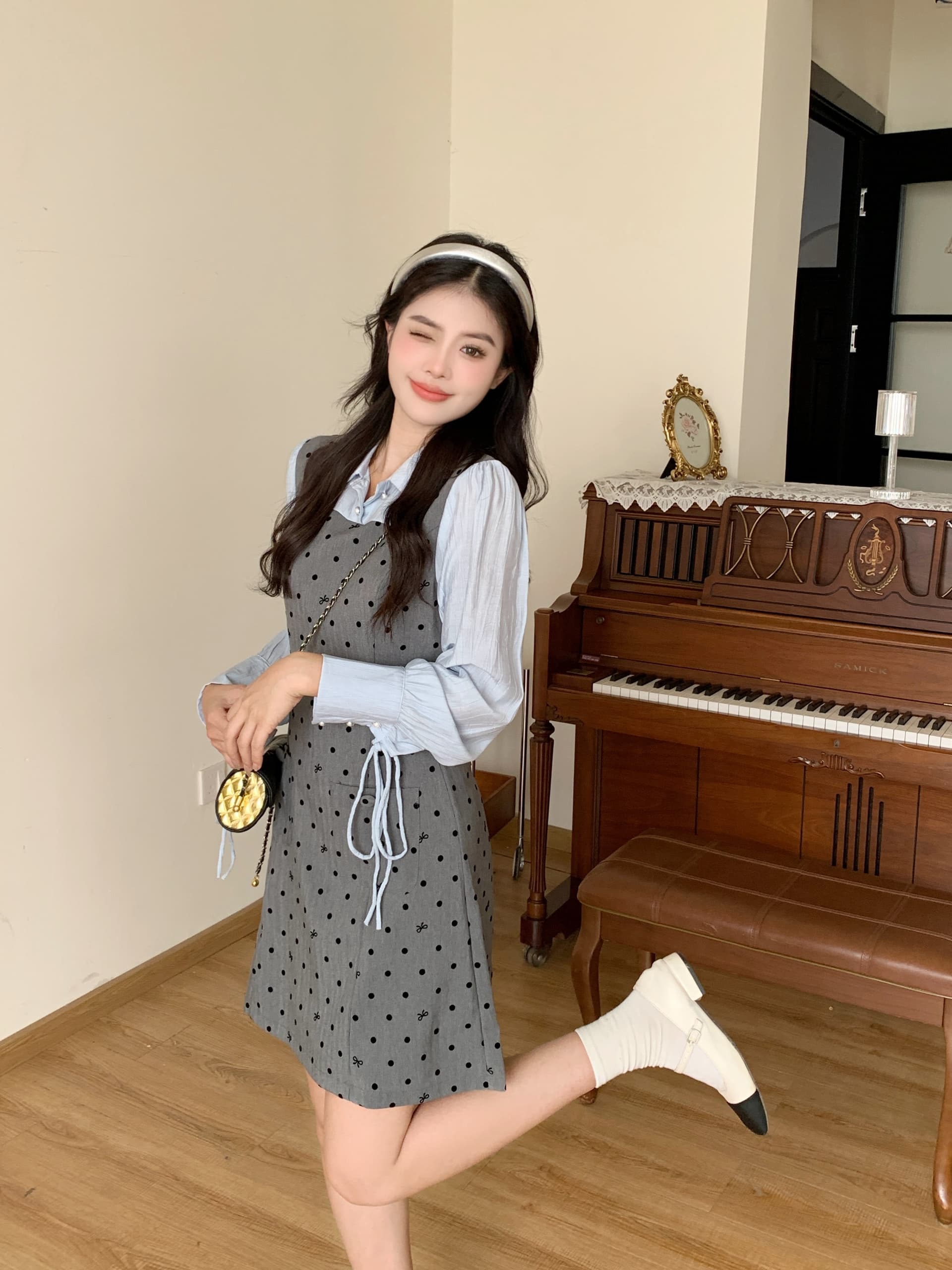 빅 사이즈 2026 봄 마이크로 지방 빅 사이즈 도트 무늬 긴팔 조끼 스커트 패치워크 셔츠 페이크 레이어드 여성 드레스 상세 이미지 6