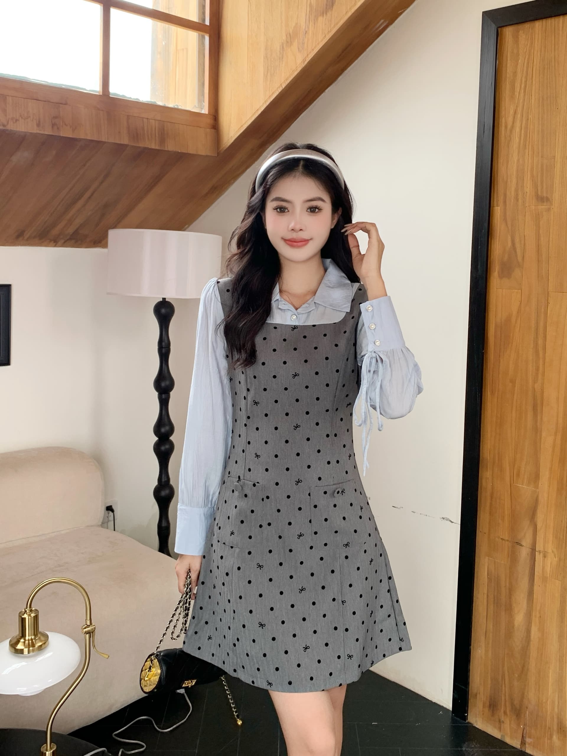 빅 사이즈 2026 봄 마이크로 지방 빅 사이즈 도트 무늬 긴팔 조끼 스커트 패치워크 셔츠 페이크 레이어드 여성 드레스 상세 이미지 15