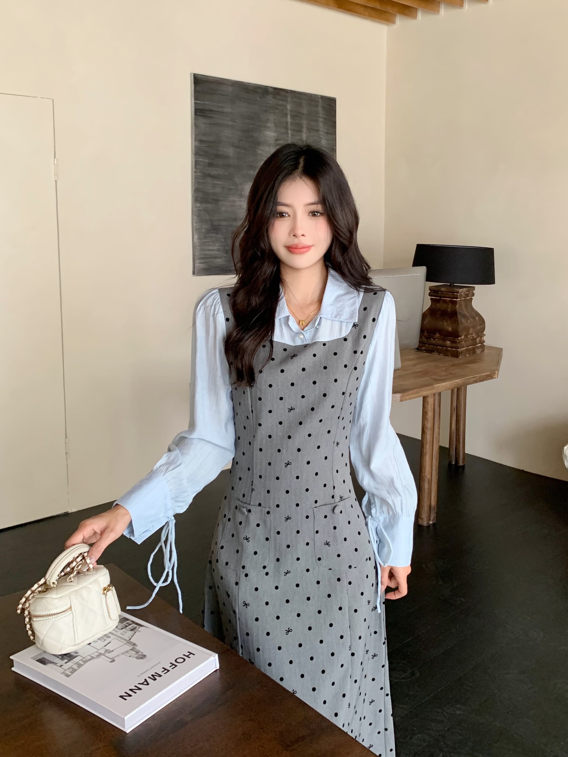 빅 사이즈 2026 봄 마이크로 지방 빅 사이즈 도트 무늬 긴팔 조끼 스커트 패치워크 셔츠 페이크 레이어드 여성 드레스 상세 이미지 18