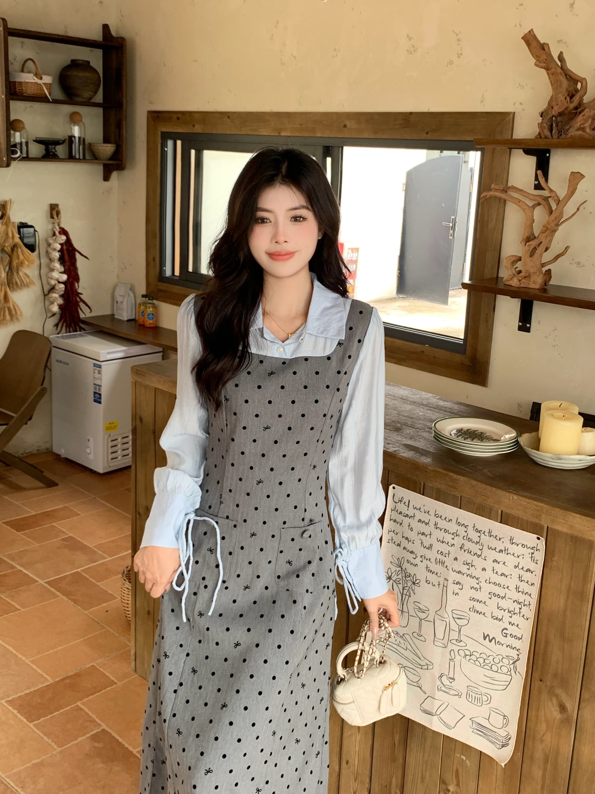 빅 사이즈 2026 봄 마이크로 지방 빅 사이즈 도트 무늬 긴팔 조끼 스커트 패치워크 셔츠 페이크 레이어드 여성 드레스 상세 이미지 20