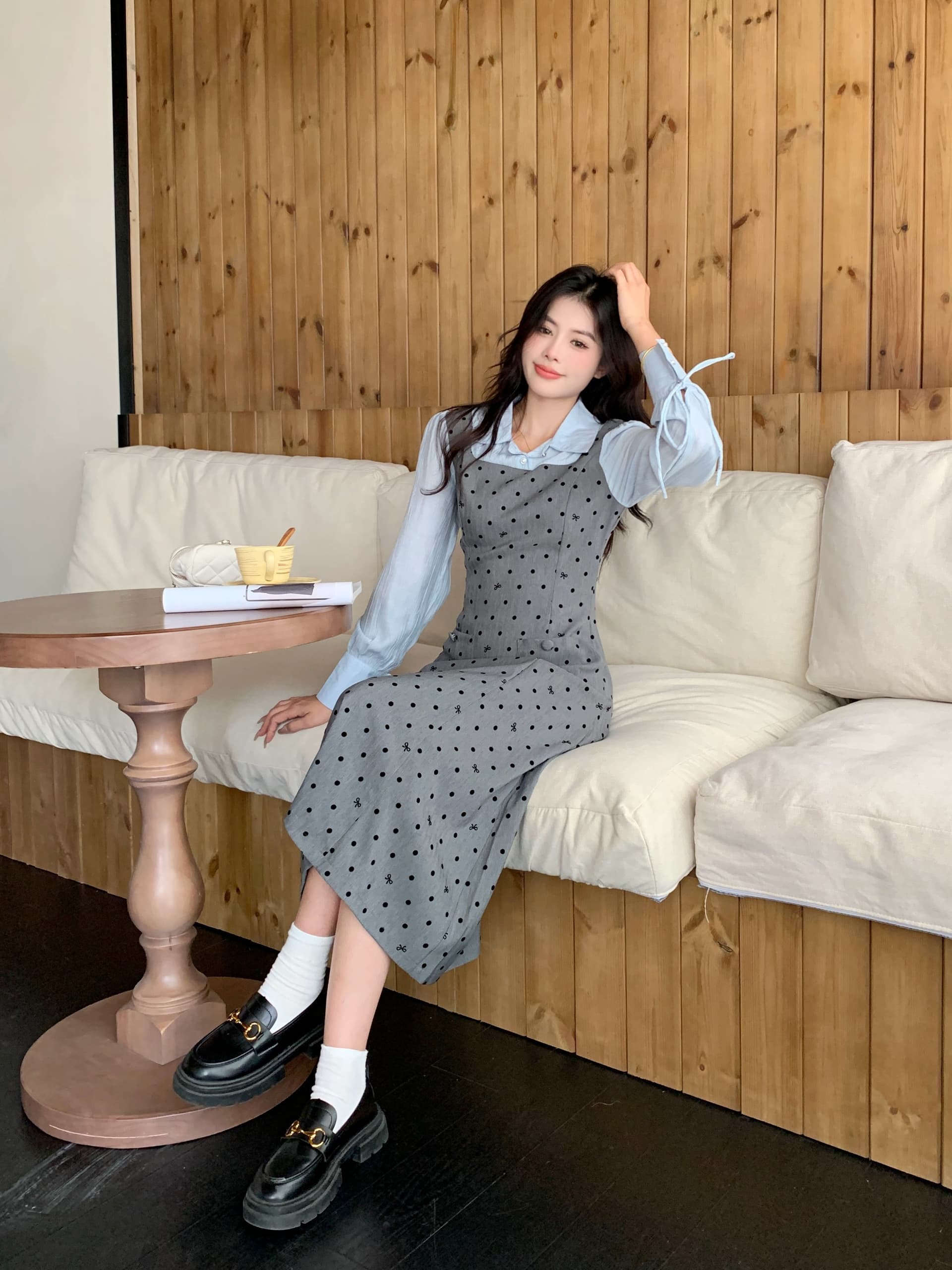 빅 사이즈 2026 봄 마이크로 지방 빅 사이즈 도트 무늬 긴팔 조끼 스커트 패치워크 셔츠 페이크 레이어드 여성 드레스 상세 이미지 22