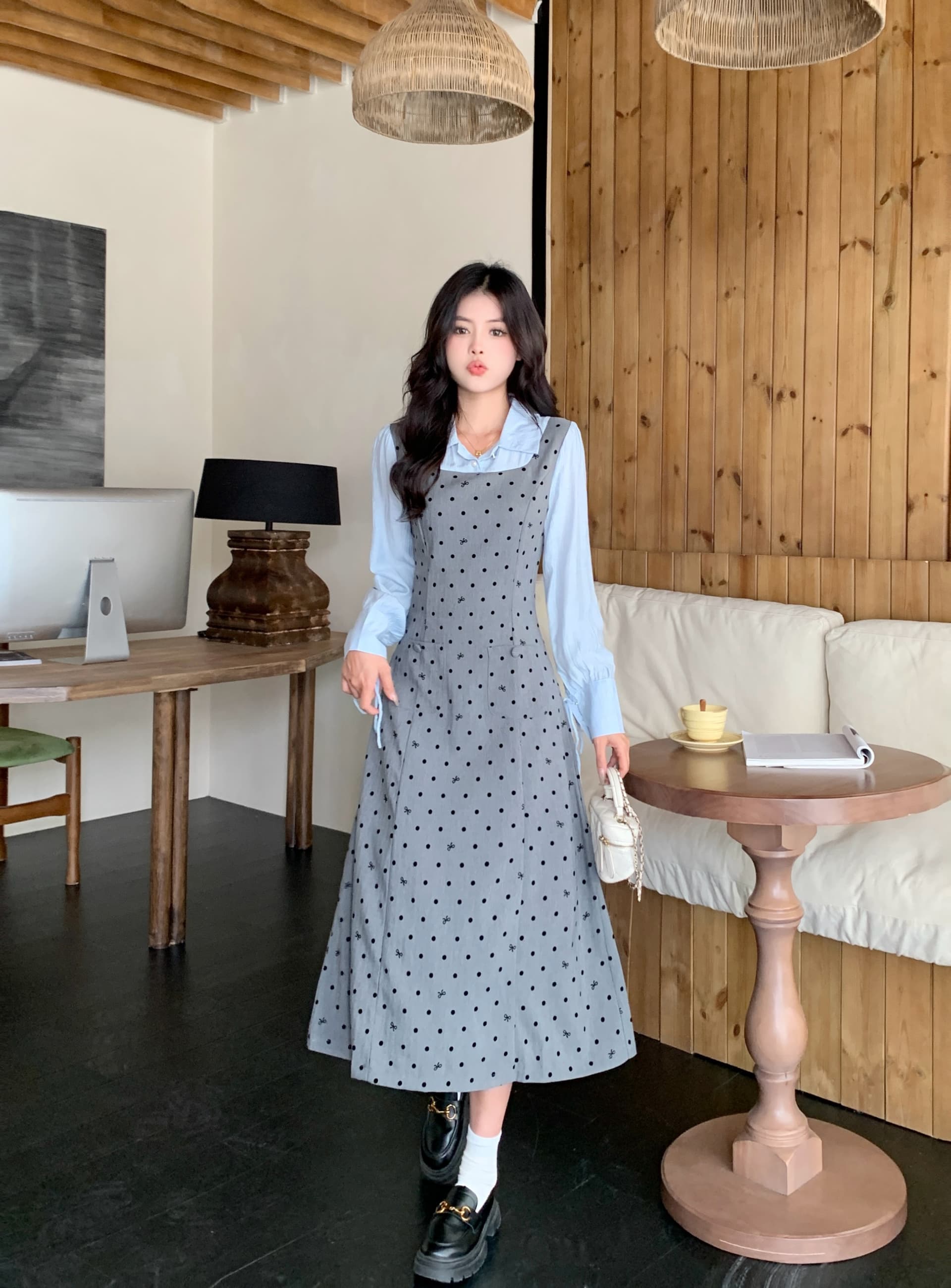 빅 사이즈 2026 봄 마이크로 지방 빅 사이즈 도트 무늬 긴팔 조끼 스커트 패치워크 셔츠 페이크 레이어드 여성 드레스 상세 이미지 23