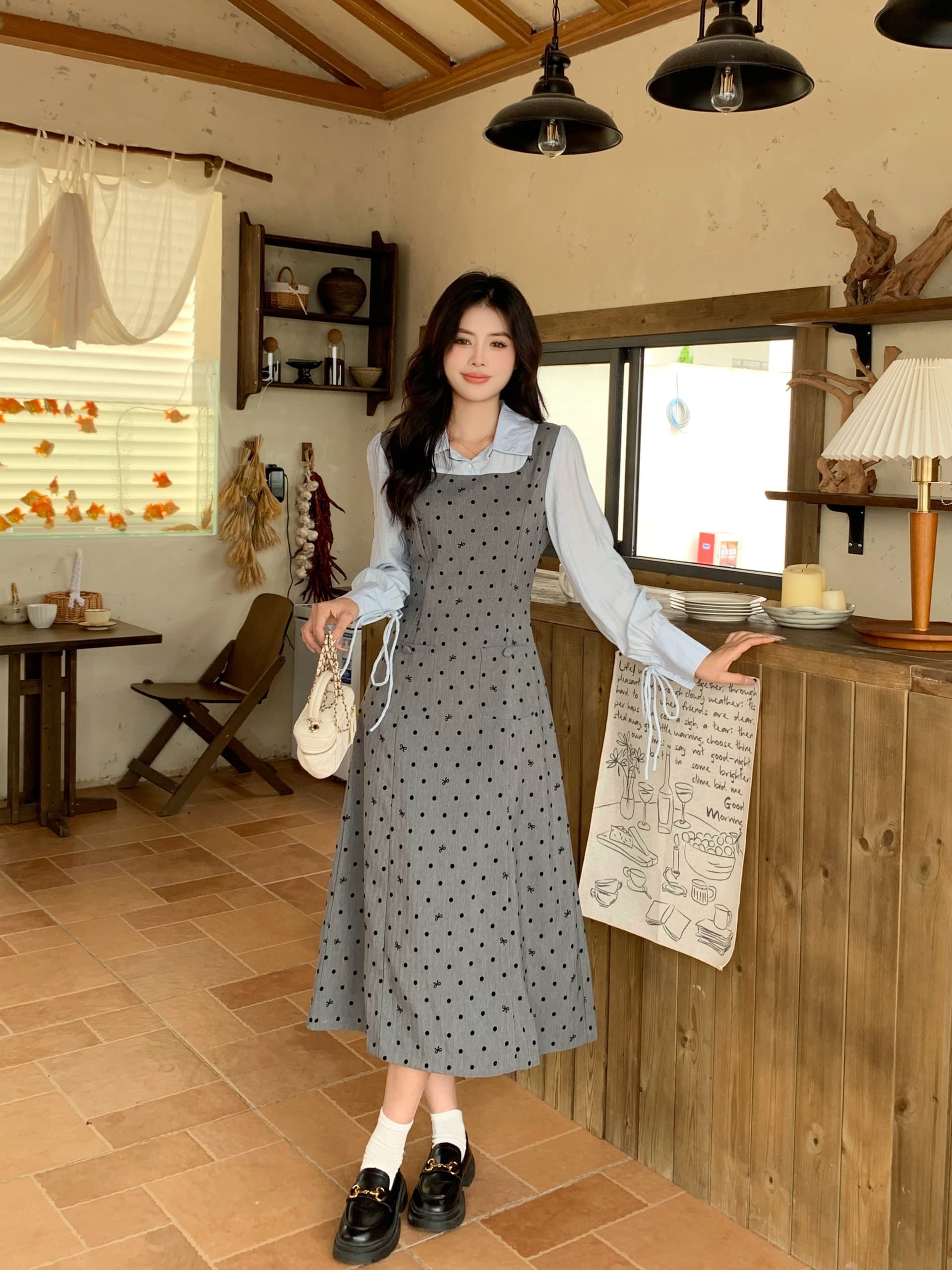 빅 사이즈 2026 봄 마이크로 지방 빅 사이즈 도트 무늬 긴팔 조끼 스커트 패치워크 셔츠 페이크 레이어드 여성 드레스 상세 이미지 25