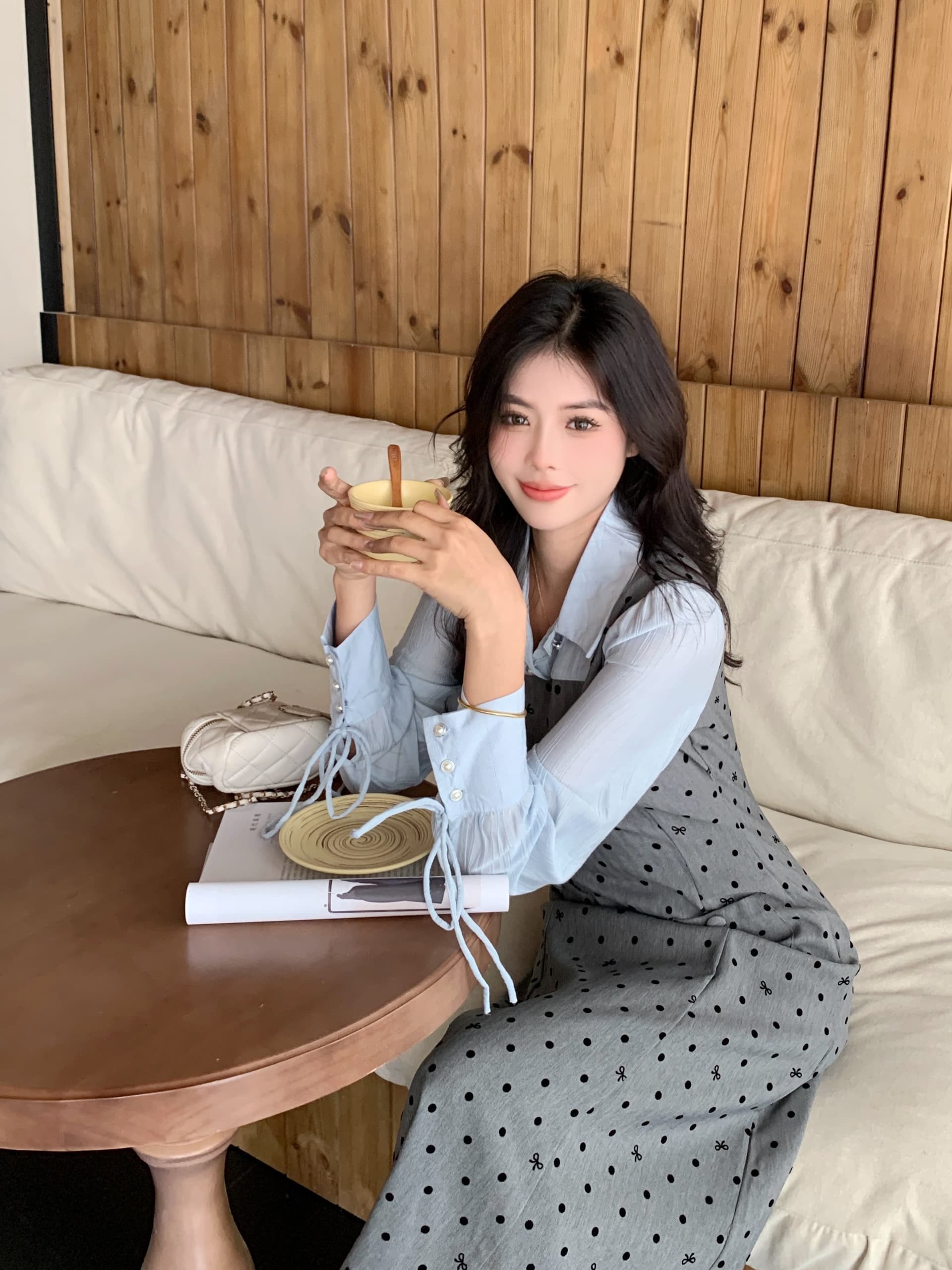 빅 사이즈 2026 봄 마이크로 지방 빅 사이즈 도트 무늬 긴팔 조끼 스커트 패치워크 셔츠 페이크 레이어드 여성 드레스 상세 이미지 29