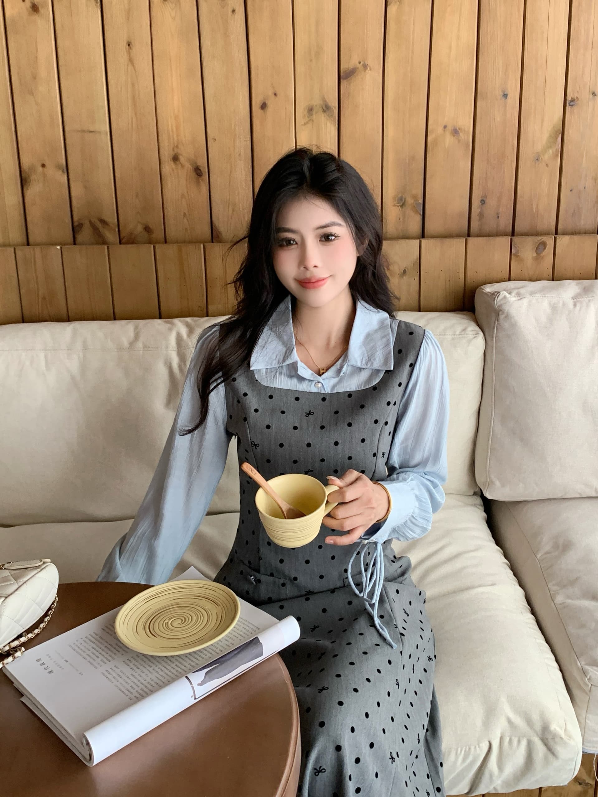 빅 사이즈 2026 봄 마이크로 지방 빅 사이즈 도트 무늬 긴팔 조끼 스커트 패치워크 셔츠 페이크 레이어드 여성 드레스 상세 이미지 30