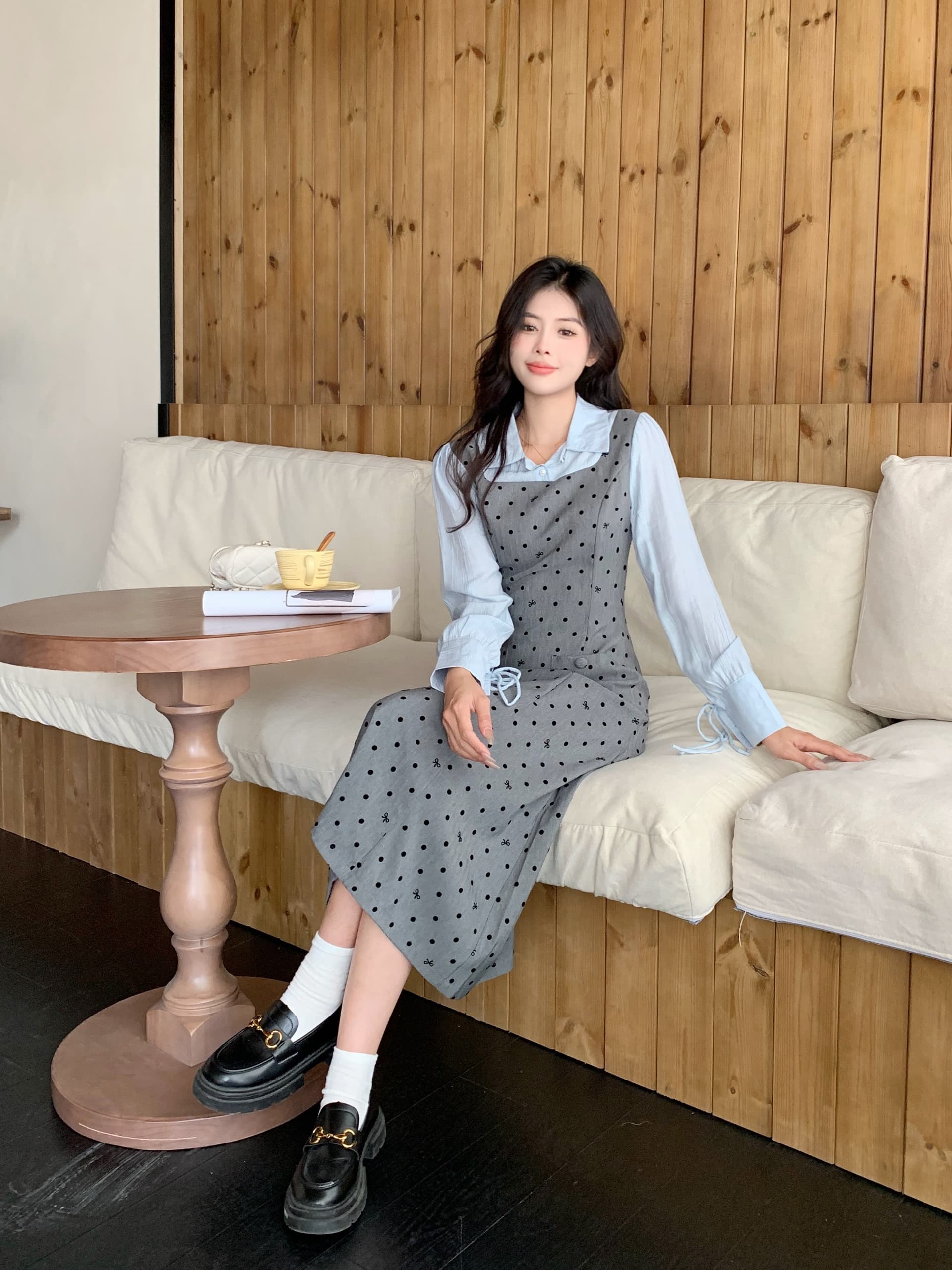 빅 사이즈 2026 봄 마이크로 지방 빅 사이즈 도트 무늬 긴팔 조끼 스커트 패치워크 셔츠 페이크 레이어드 여성 드레스 상세 이미지 32