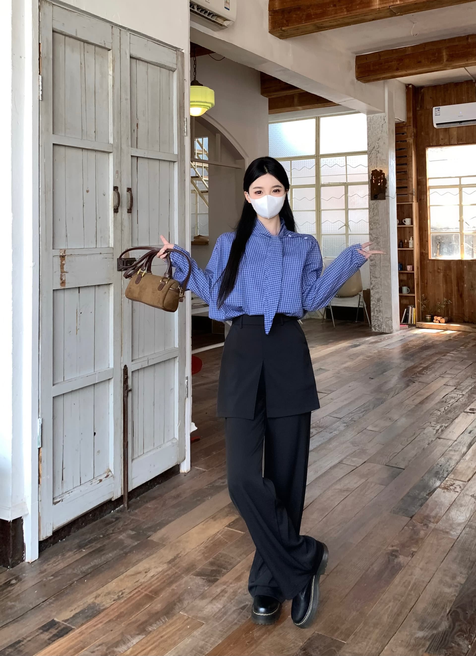 빅 사이즈 2026 봄 프랑스식 Chic 세련된 디자인 긴팔 격자 무늬 셔츠 랩스커트팬츠 페이크 레이어드 와이드 레그 팬츠 세트 이미지 4