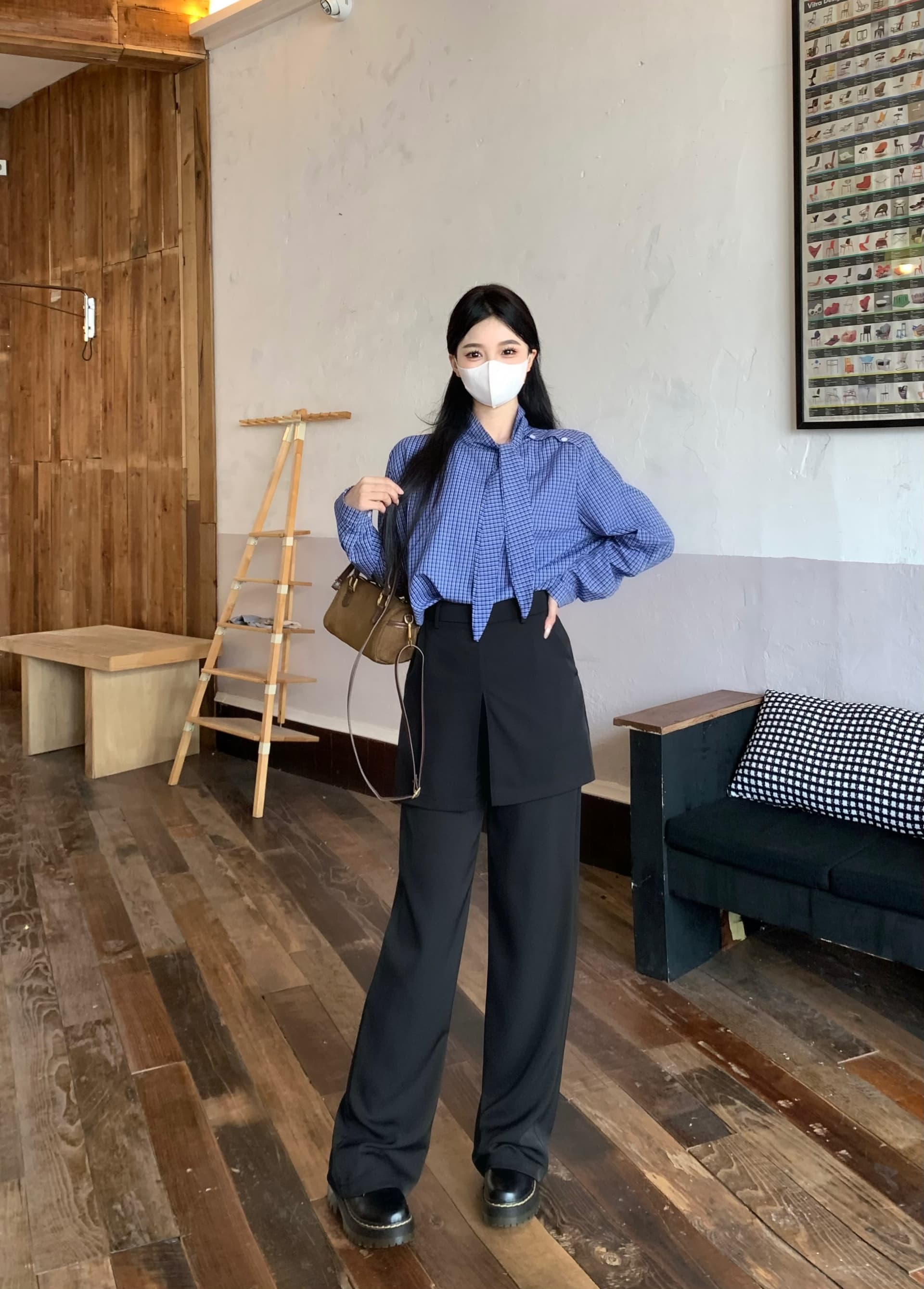 빅 사이즈 2026 봄 프랑스식 Chic 세련된 디자인 긴팔 격자 무늬 셔츠 랩스커트팬츠 페이크 레이어드 와이드 레그 팬츠 세트 상세 이미지 8