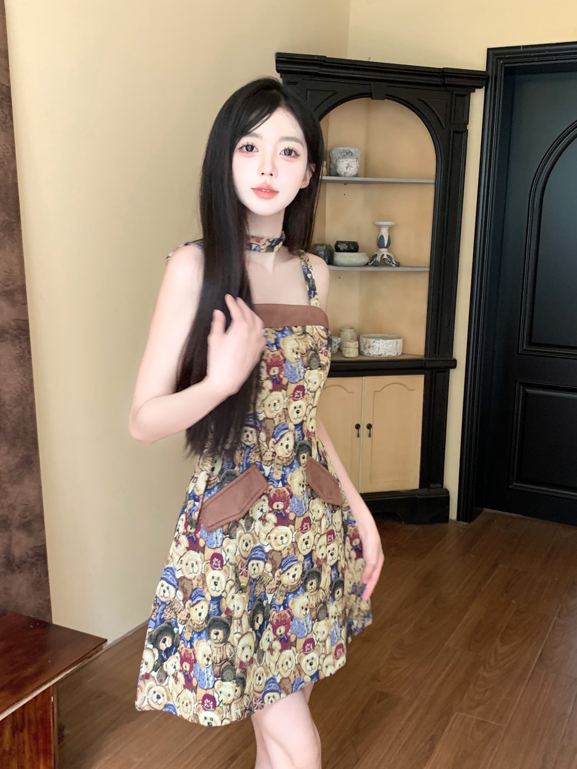 2026 봄 지방 mm 작은 곰 캐러멜 아름다움 라드. 자카드 아메리칸 레트로 학원 스타일 허리 수축 슬림해 보이는 여성 드레스 상세 이미지 13