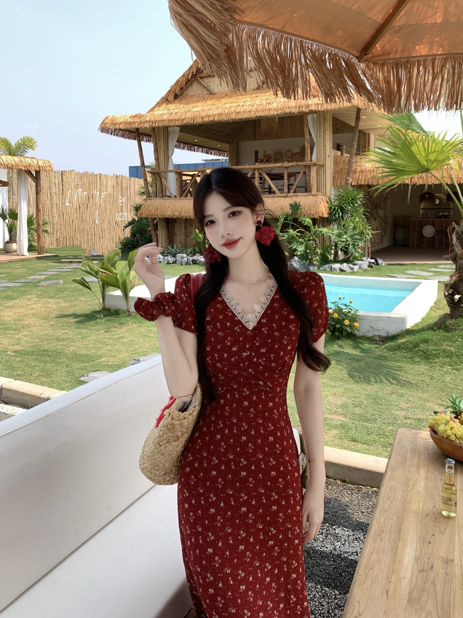2026 빅 사이즈 한국 스타일 석류 치마 봄 여름 프랑스식 레트로 디자인 센스 V넥 반팔 꽃무늬 품격 여성 드레스 상세 이미지 7