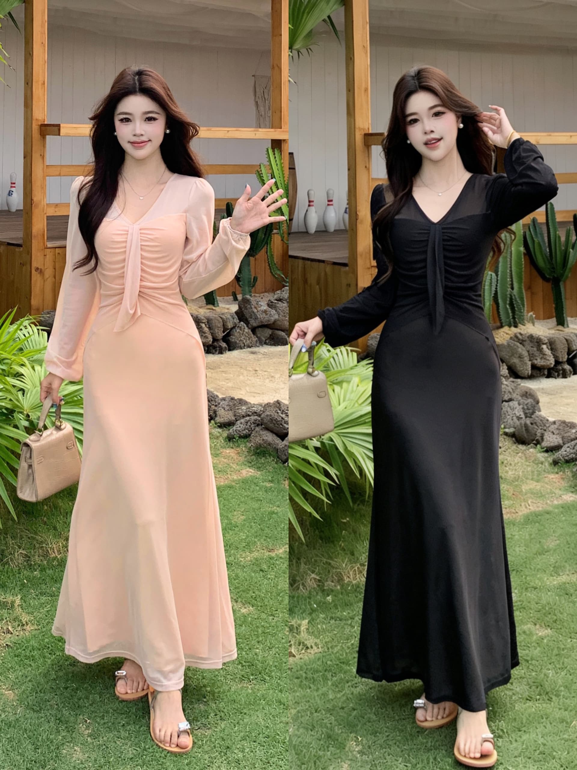 2026 봄 여름 빅 사이즈 루 떠 다니는 신기루 요정 가스 우아함 한 부서 품격 미니멀리즘 슬림해 보이는 긴팔 V넥 여성 드레스