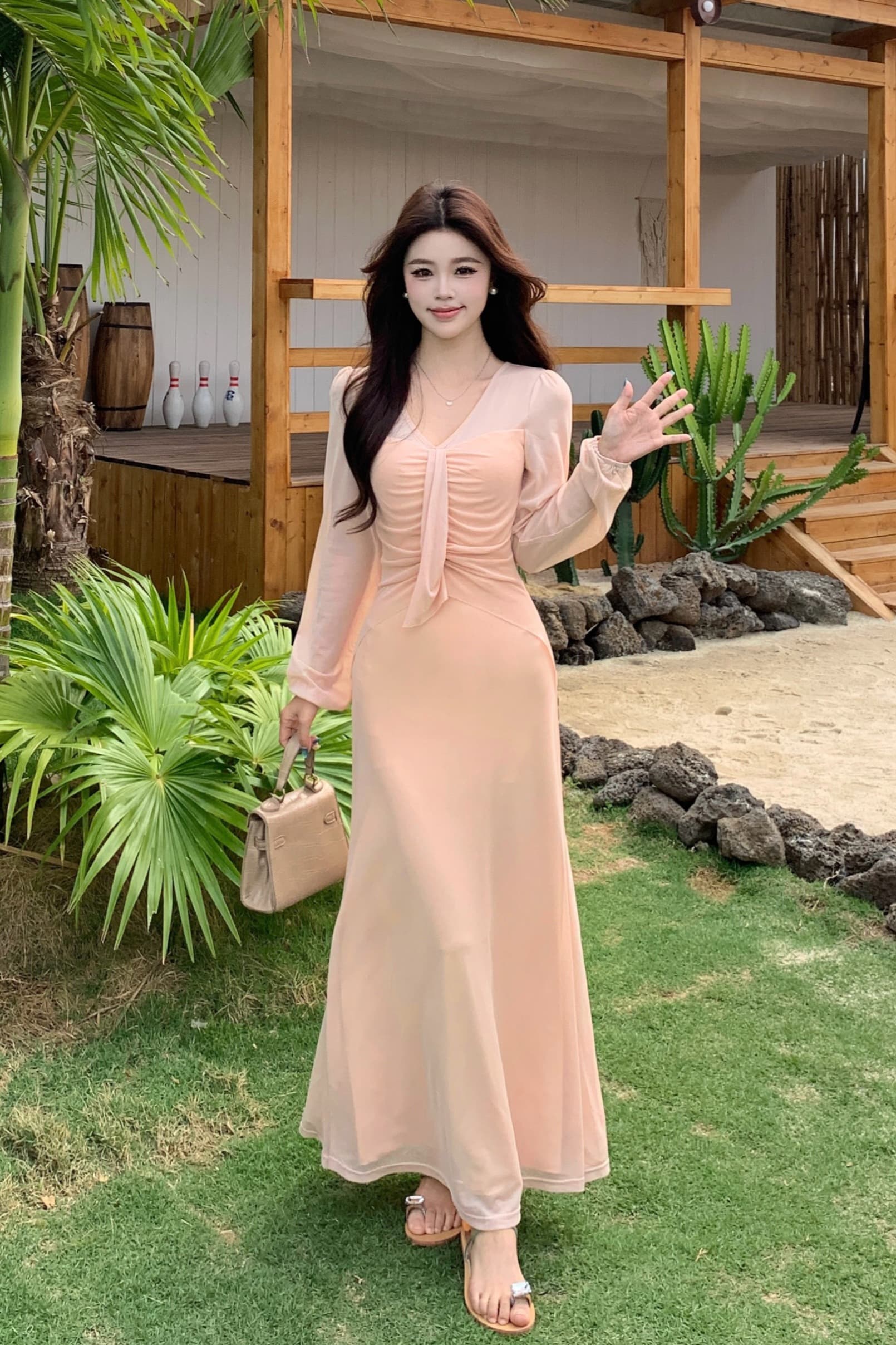 2026 봄 여름 빅 사이즈 루 떠 다니는 신기루 요정 가스 우아함 한 부서 품격 미니멀리즘 슬림해 보이는 긴팔 V넥 여성 드레스 이미지 6