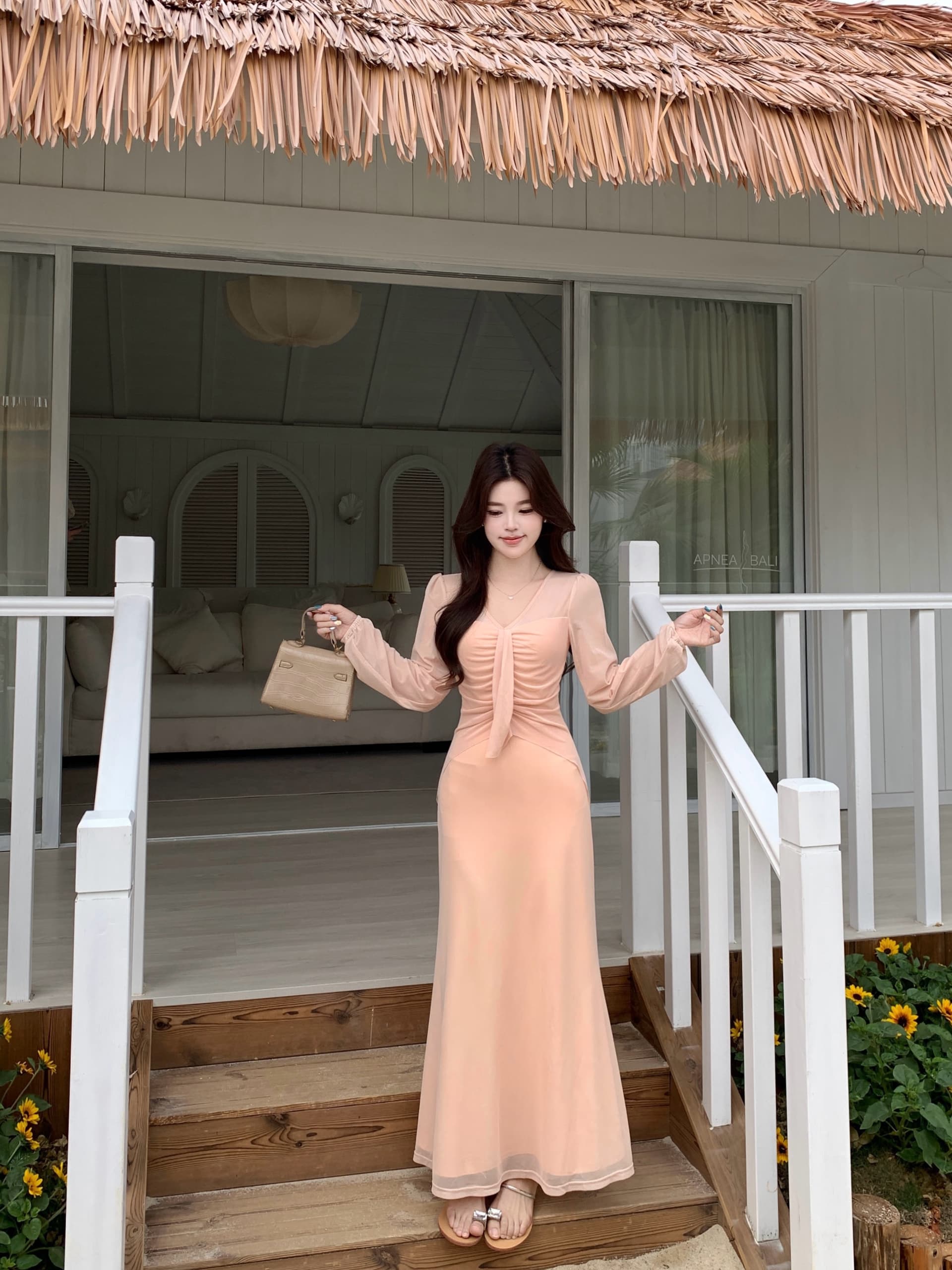 2026 봄 여름 빅 사이즈 루 떠 다니는 신기루 요정 가스 우아함 한 부서 품격 미니멀리즘 슬림해 보이는 긴팔 V넥 여성 드레스 상세 이미지 14