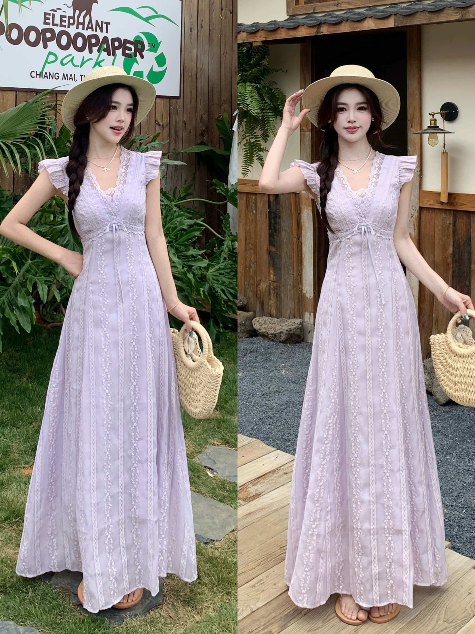 빅 사이즈 2026 여름 프랑스식 레트로 부드러운 보라색 V넥 작은 날다 소매 롱 코트 드레스 달콤함 품격 레이스 치마 상세 이미지 1