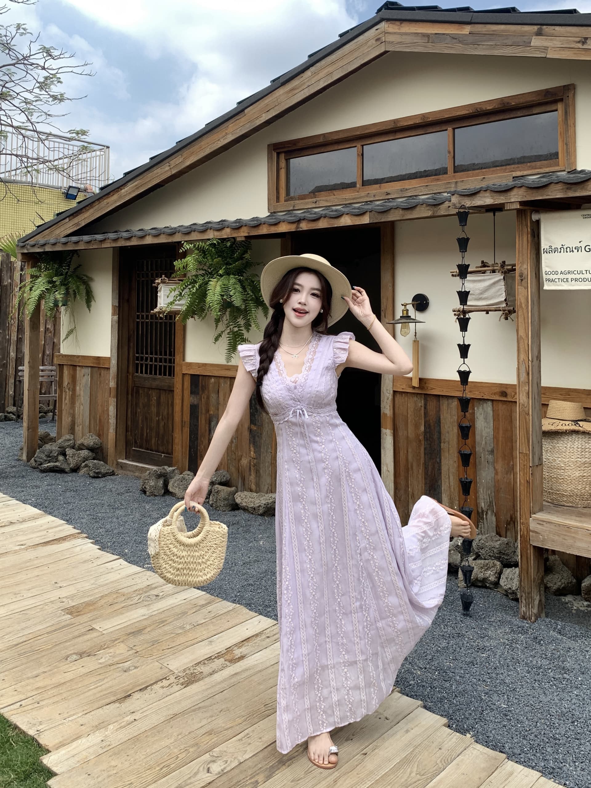 빅 사이즈 2026 여름 프랑스식 레트로 부드러운 보라색 V넥 작은 날다 소매 롱 코트 드레스 달콤함 품격 레이스 치마 상세 이미지 6