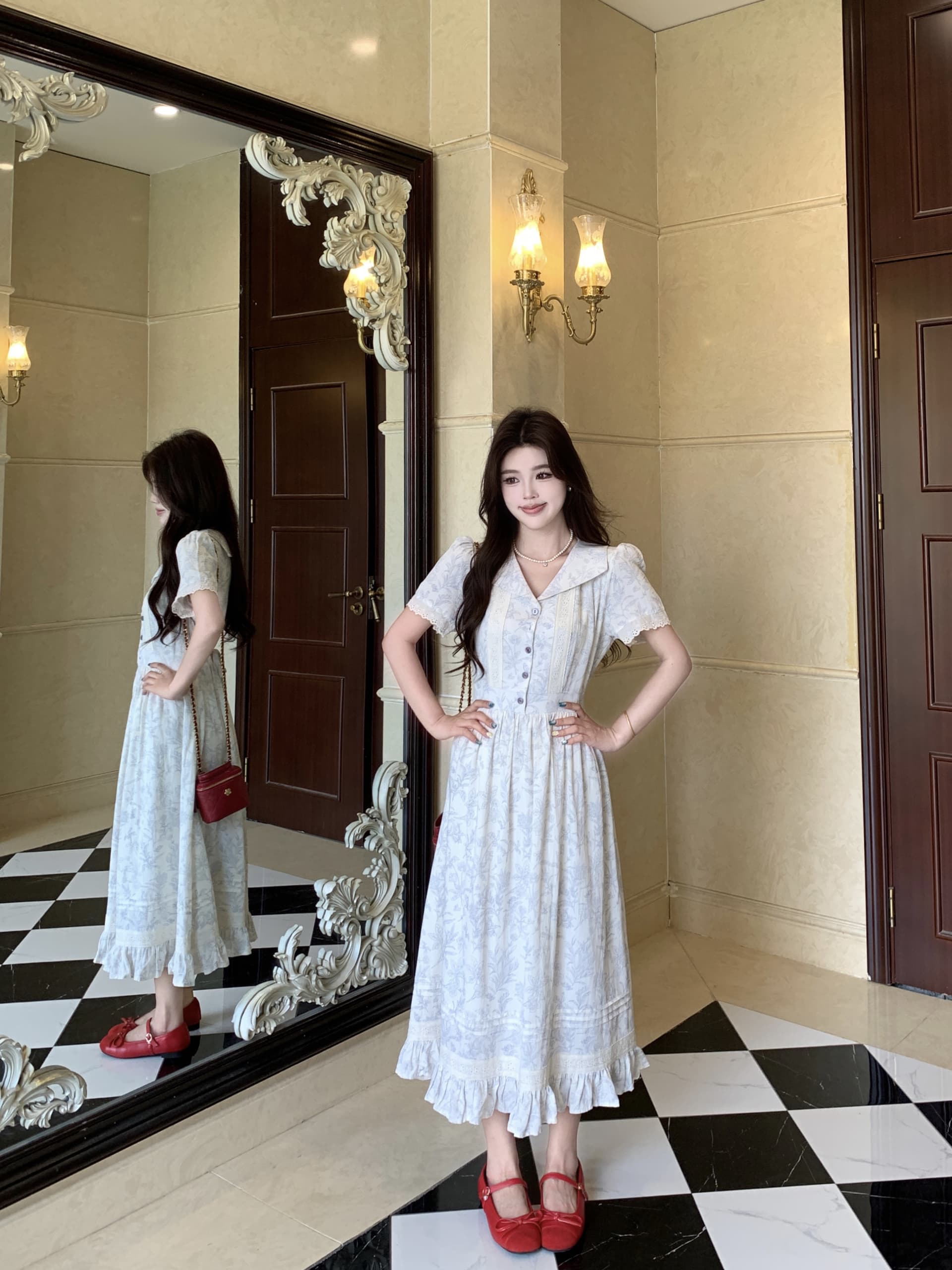 빅 사이즈 프랑스식 셔츠 여성 드레스 여름 2026 새로운 꽃무늬 베이비 칼라 꼬집기 허리 작은 키 품격 롱 스커트 상세 이미지 5