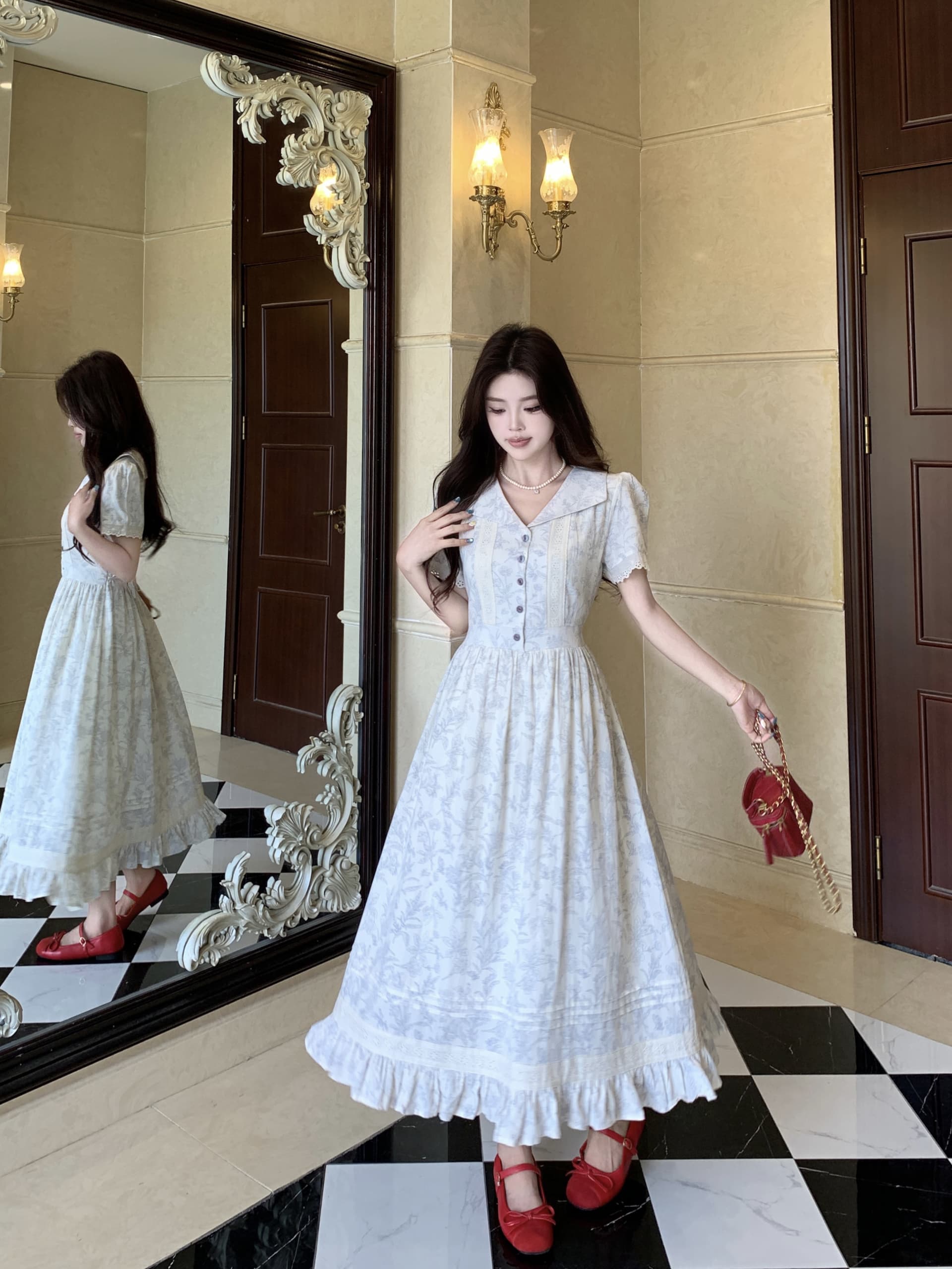 빅 사이즈 프랑스식 셔츠 여성 드레스 여름 2026 새로운 꽃무늬 베이비 칼라 꼬집기 허리 작은 키 품격 롱 스커트 상세 이미지 7