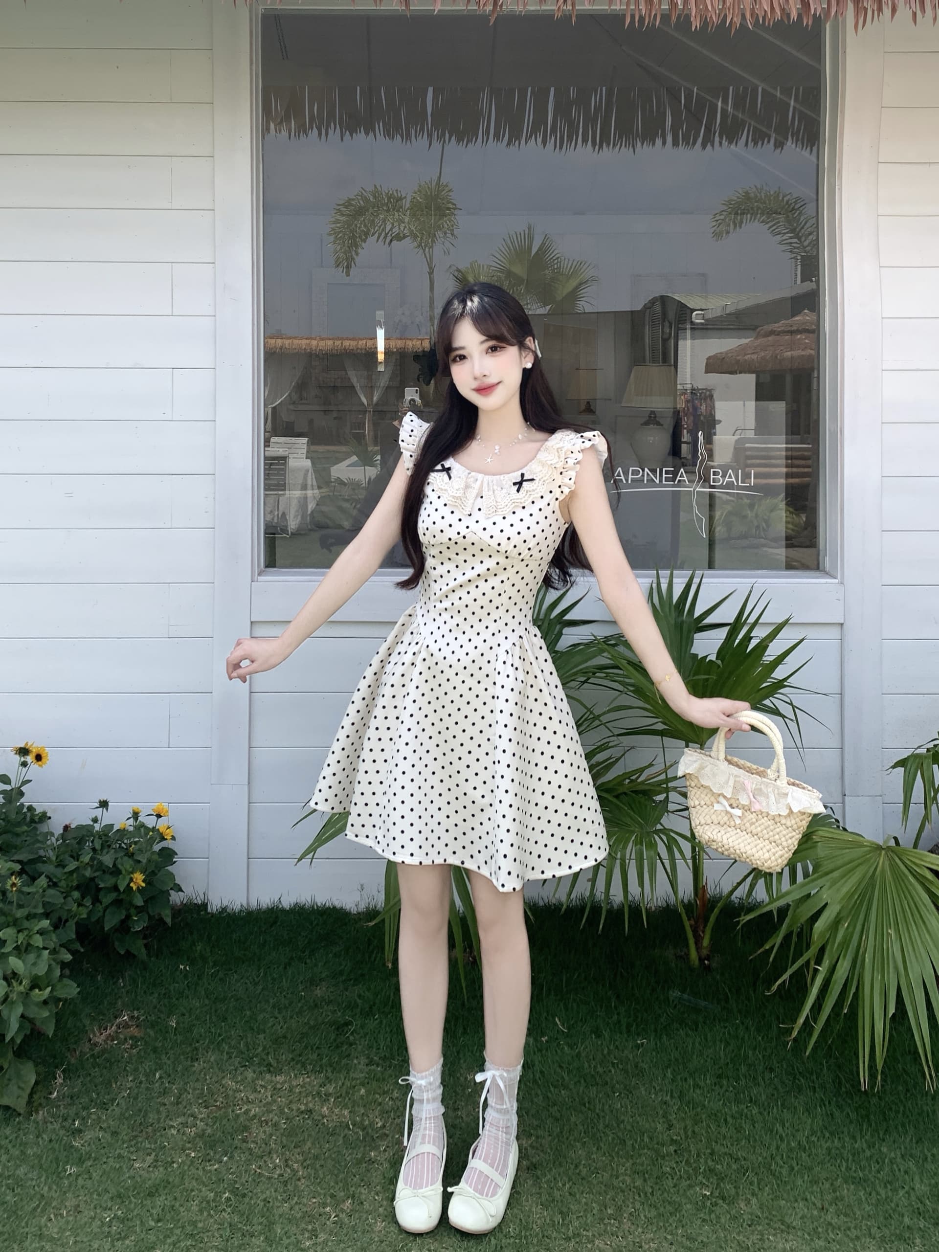 빅 사이즈 화이트 치자 나무 밀크 셰이크 프랑스식 천 금빛 바람 패션 miu 부서 도트 무늬 여성 드레스 여름 Feifei 소매 허리 수축 치마 상세 이미지 14