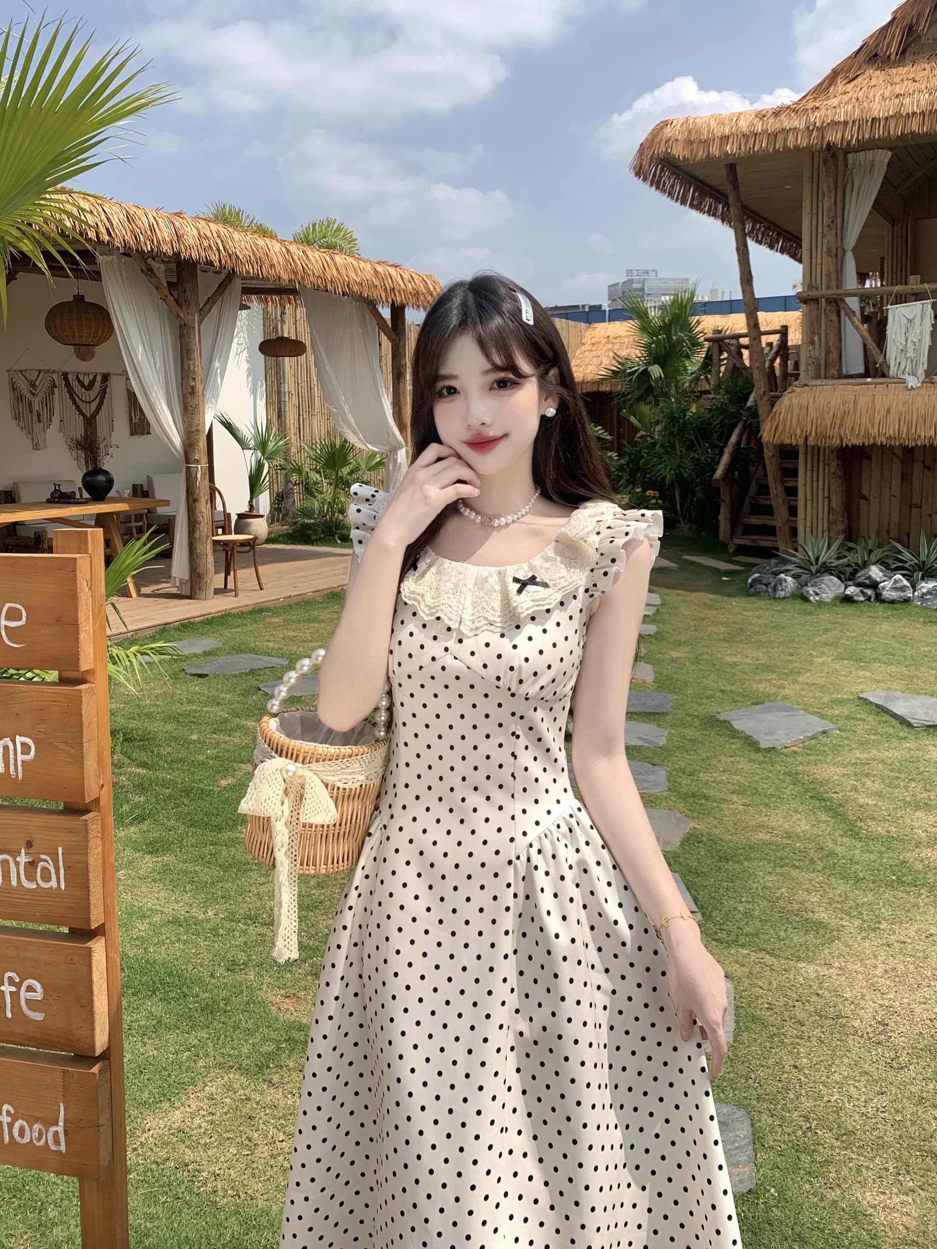 빅 사이즈 화이트 치자 나무 밀크 셰이크 프랑스식 천 금빛 바람 패션 miu 부서 도트 무늬 여성 드레스 여름 Feifei 소매 허리 수축 치마 상세 이미지 17
