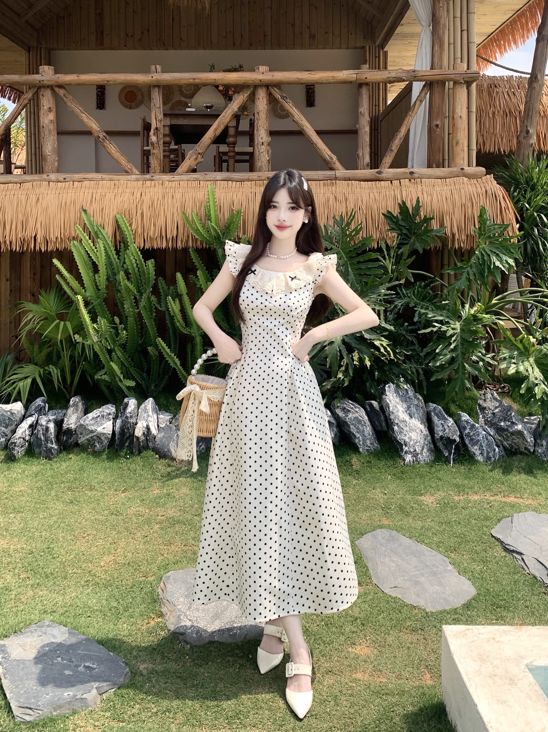 빅 사이즈 화이트 치자 나무 밀크 셰이크 프랑스식 천 금빛 바람 패션 miu 부서 도트 무늬 여성 드레스 여름 Feifei 소매 허리 수축 치마 상세 이미지 19