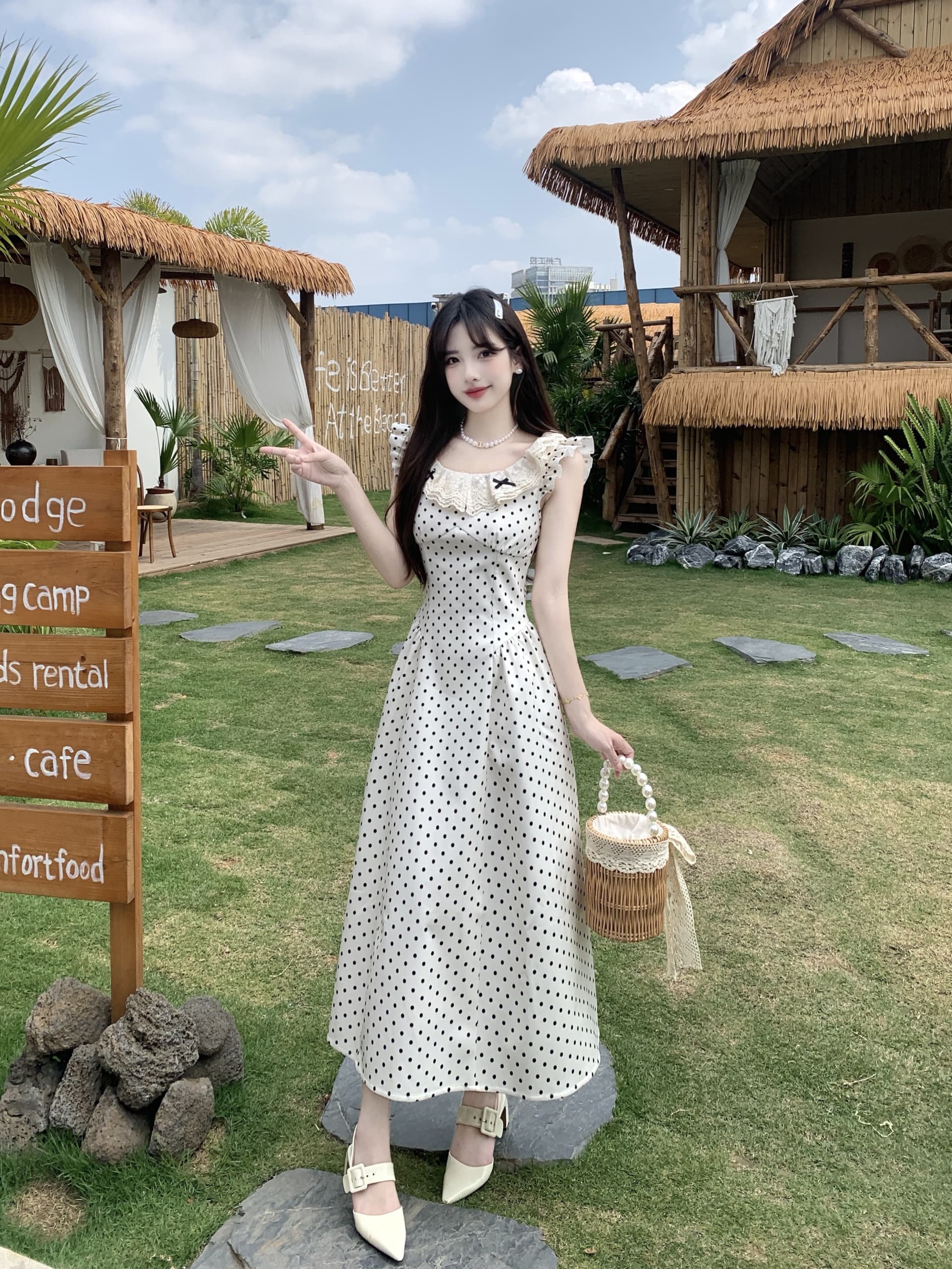 빅 사이즈 화이트 치자 나무 밀크 셰이크 프랑스식 천 금빛 바람 패션 miu 부서 도트 무늬 여성 드레스 여름 Feifei 소매 허리 수축 치마 상세 이미지 21