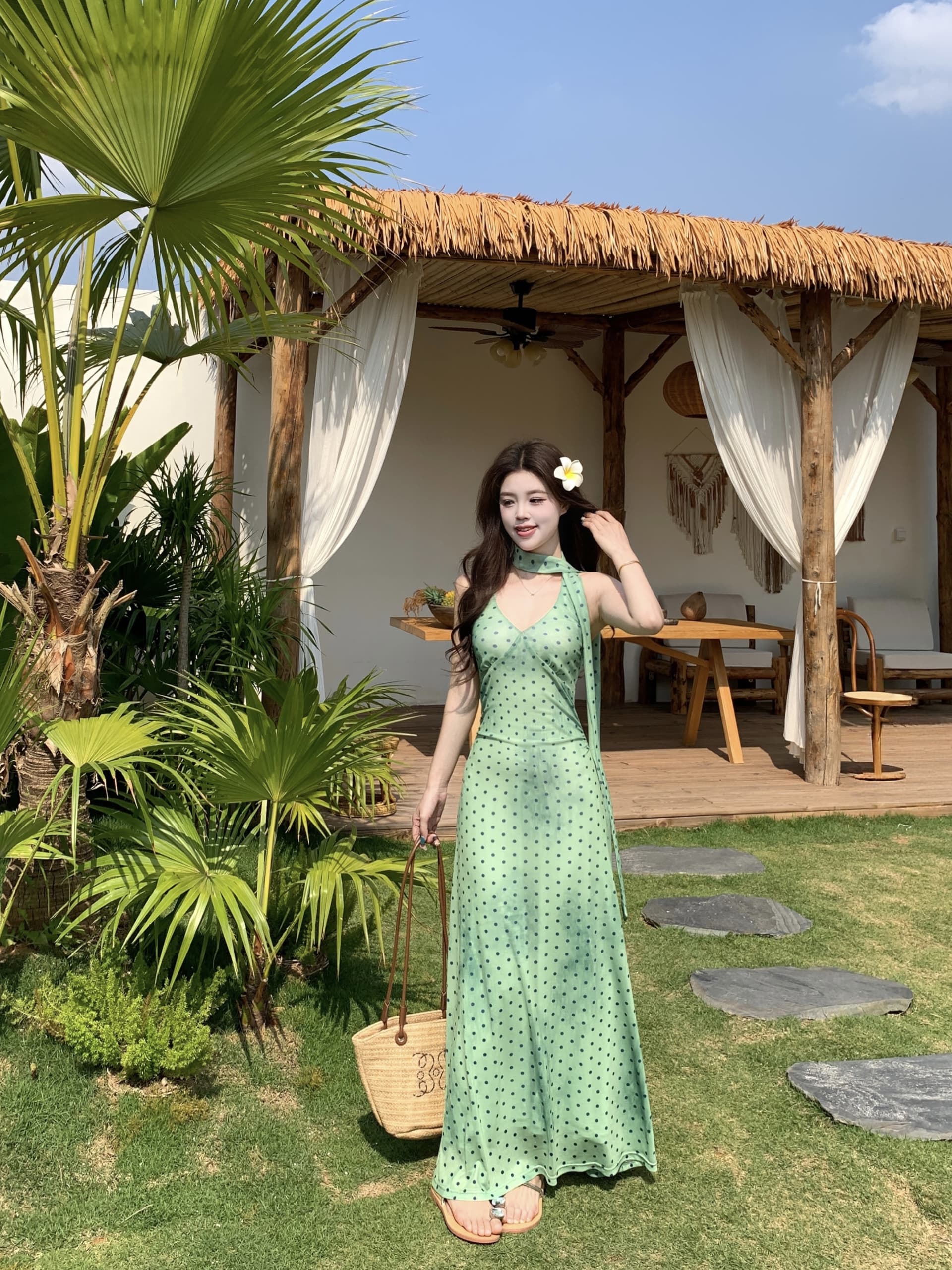빅 사이즈 여름 프랑스식 녹색 도트 무늬 꼬집기 허리 행침 목 치마 2026 레트로 휴가 바람 꽃무늬 슬립 드레스 상세 이미지 29