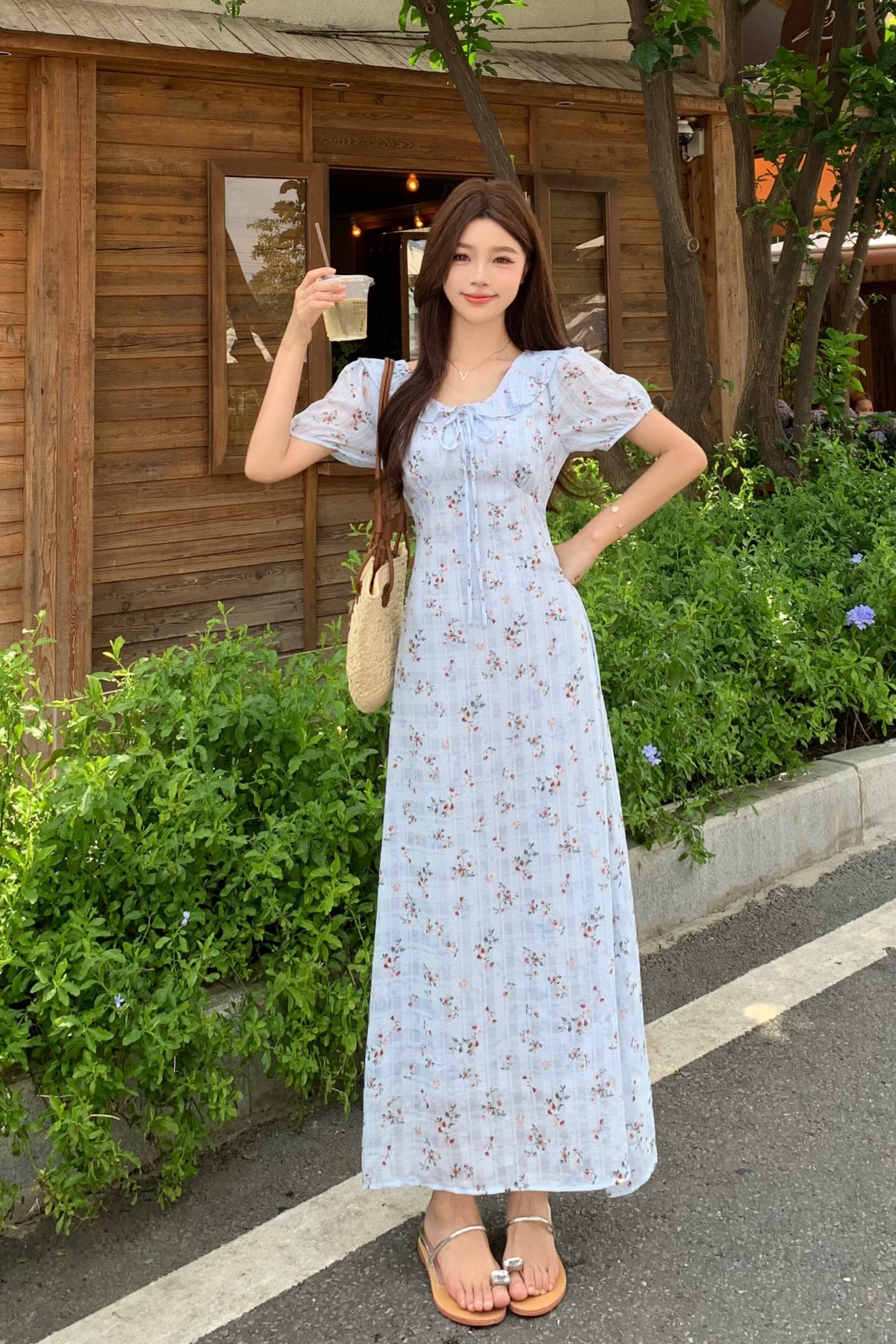 빅 사이즈 mm 파란색 꽃무늬 프릴 칼라 드레스 프랑스식 차 휴식 부드러운 부서 꼬집기 허리 슬림해 보이는 레이스업 캐주얼 치마 이미지 6