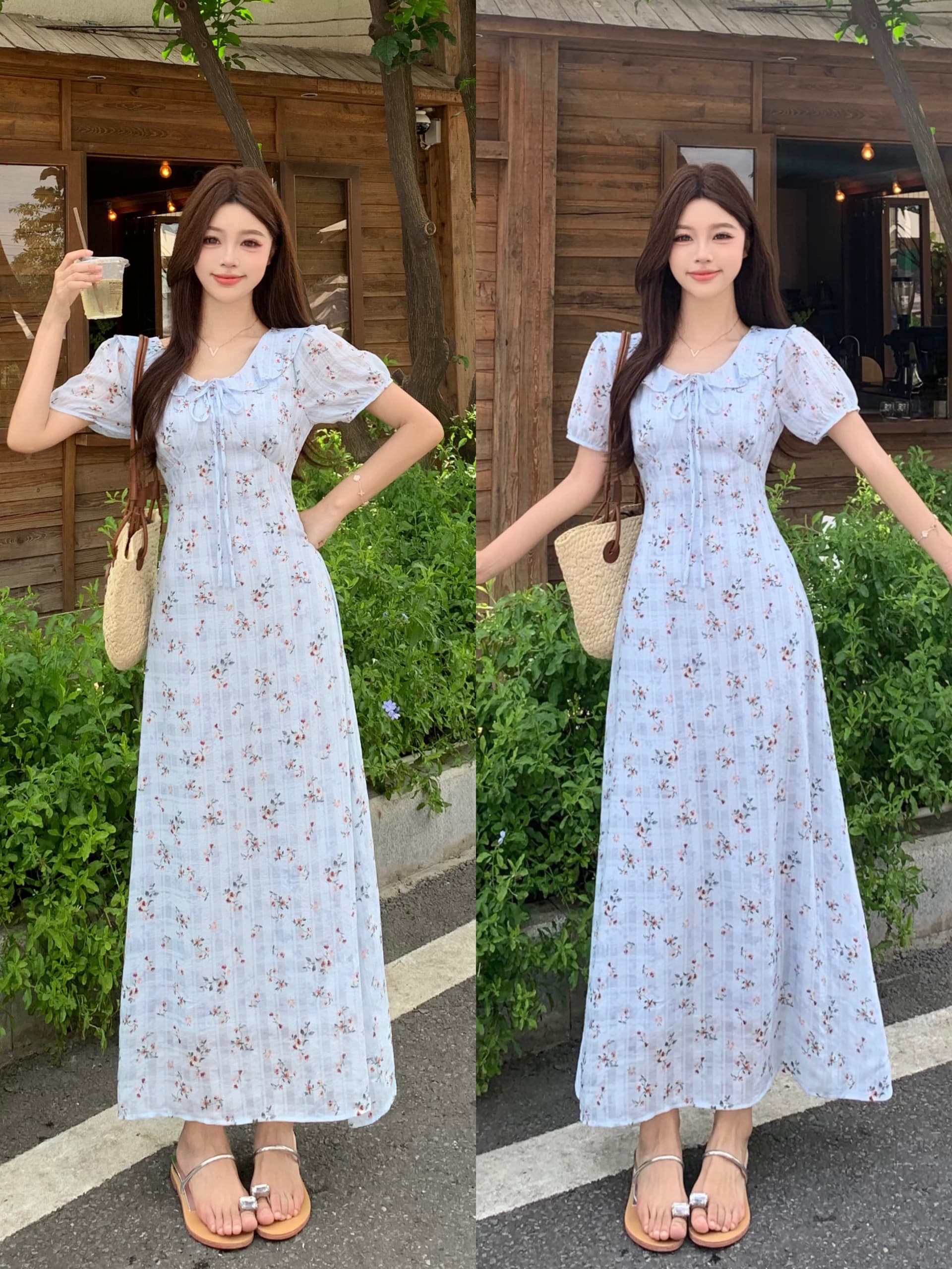 빅 사이즈 mm 파란색 꽃무늬 프릴 칼라 드레스 프랑스식 차 휴식 부드러운 부서 꼬집기 허리 슬림해 보이는 레이스업 캐주얼 치마 상세 이미지 1