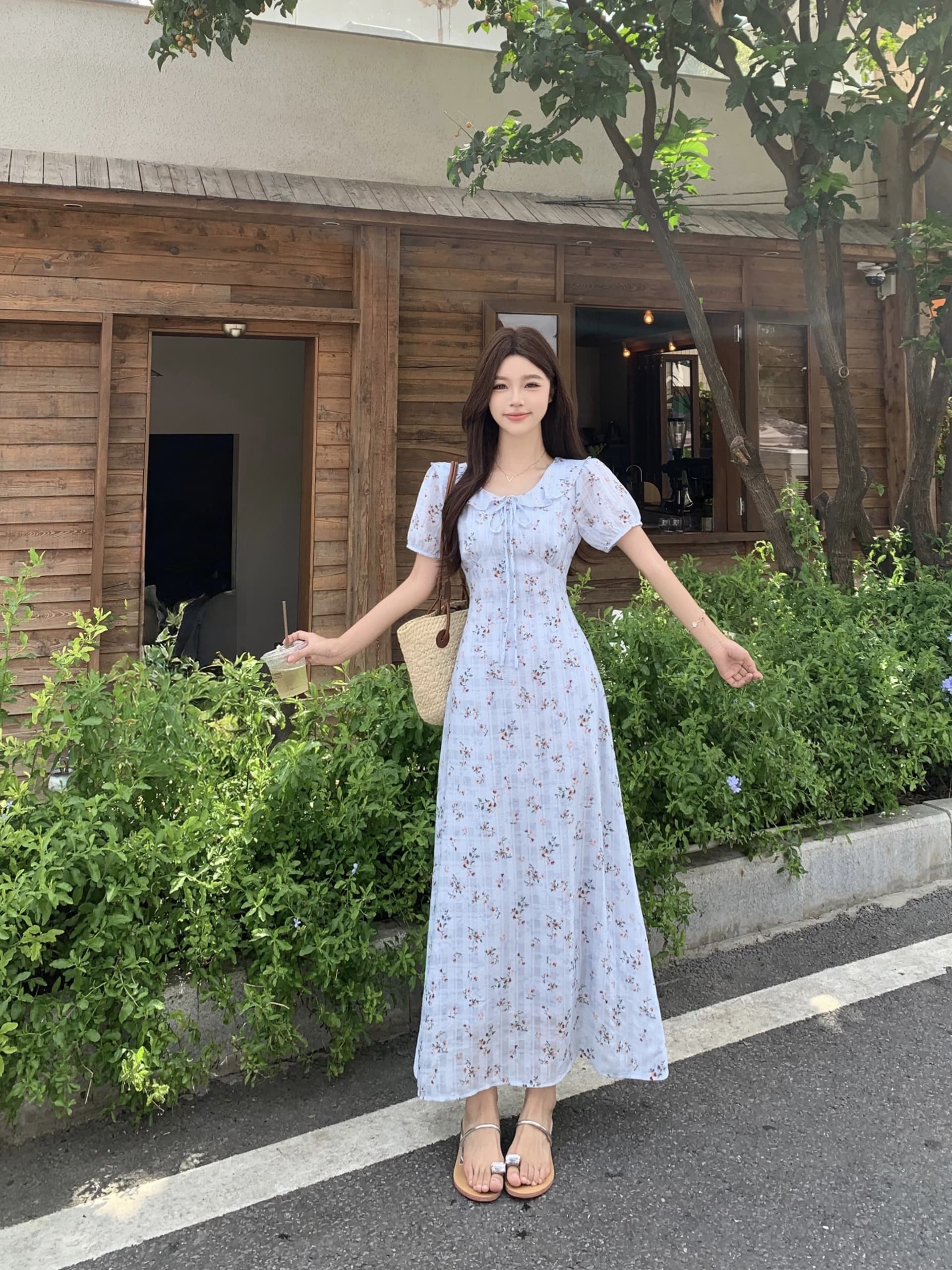빅 사이즈 mm 파란색 꽃무늬 프릴 칼라 드레스 프랑스식 차 휴식 부드러운 부서 꼬집기 허리 슬림해 보이는 레이스업 캐주얼 치마 상세 이미지 4