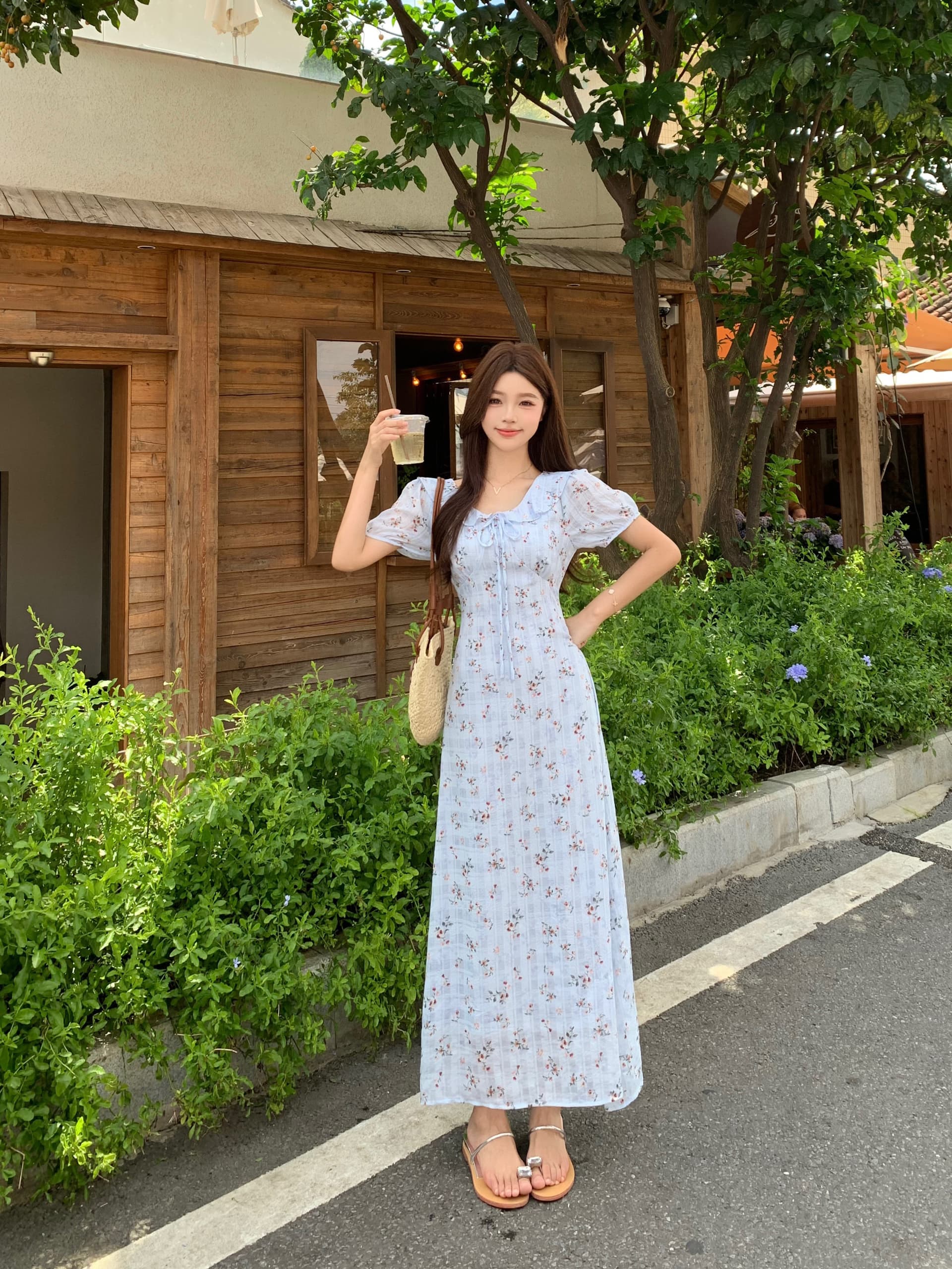 빅 사이즈 mm 파란색 꽃무늬 프릴 칼라 드레스 프랑스식 차 휴식 부드러운 부서 꼬집기 허리 슬림해 보이는 레이스업 캐주얼 치마 상세 이미지 5