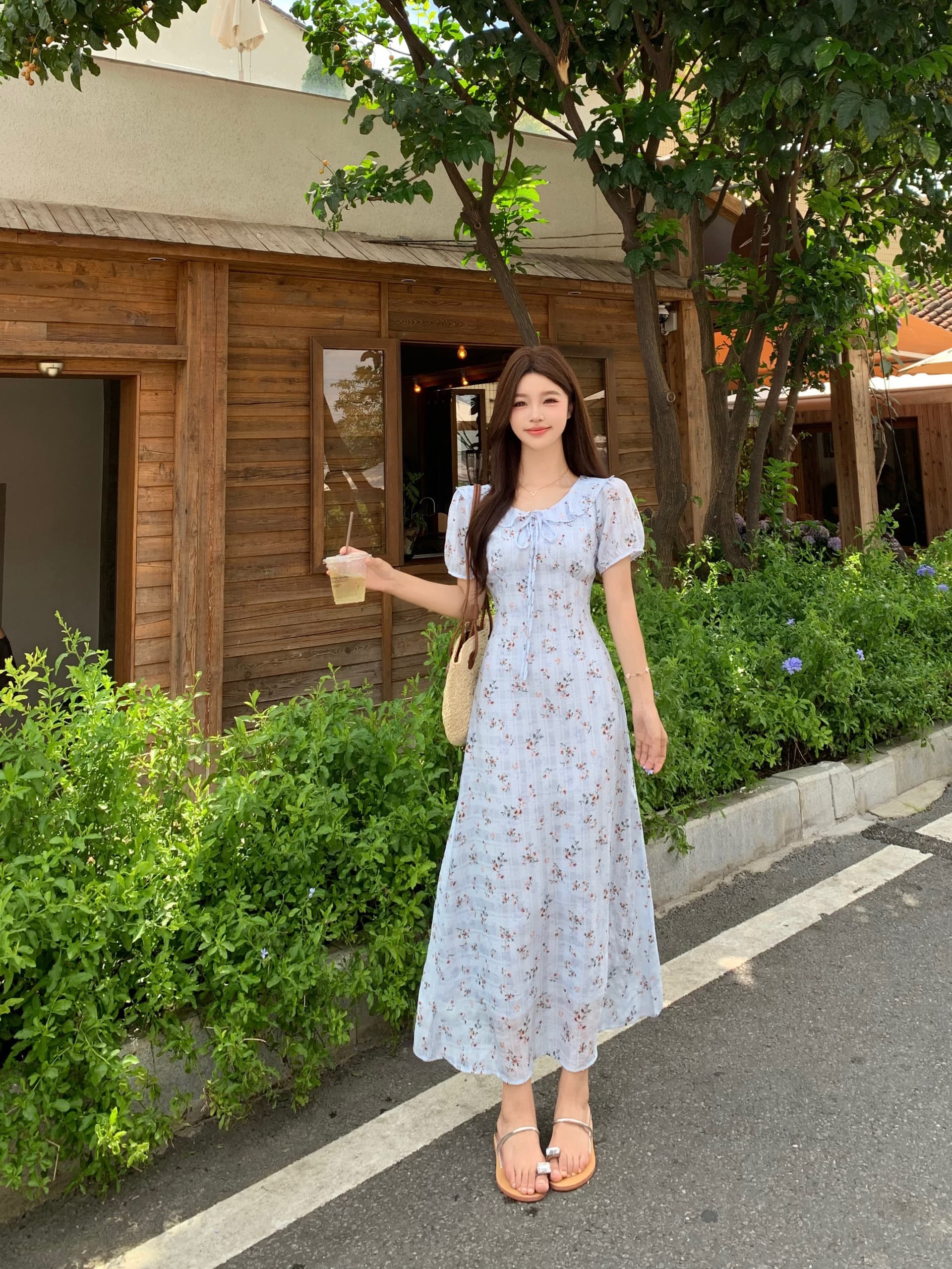 빅 사이즈 mm 파란색 꽃무늬 프릴 칼라 드레스 프랑스식 차 휴식 부드러운 부서 꼬집기 허리 슬림해 보이는 레이스업 캐주얼 치마 상세 이미지 6