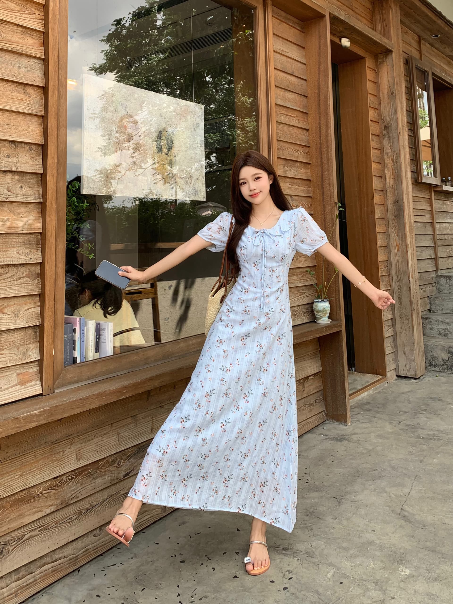 빅 사이즈 mm 파란색 꽃무늬 프릴 칼라 드레스 프랑스식 차 휴식 부드러운 부서 꼬집기 허리 슬림해 보이는 레이스업 캐주얼 치마 상세 이미지 8