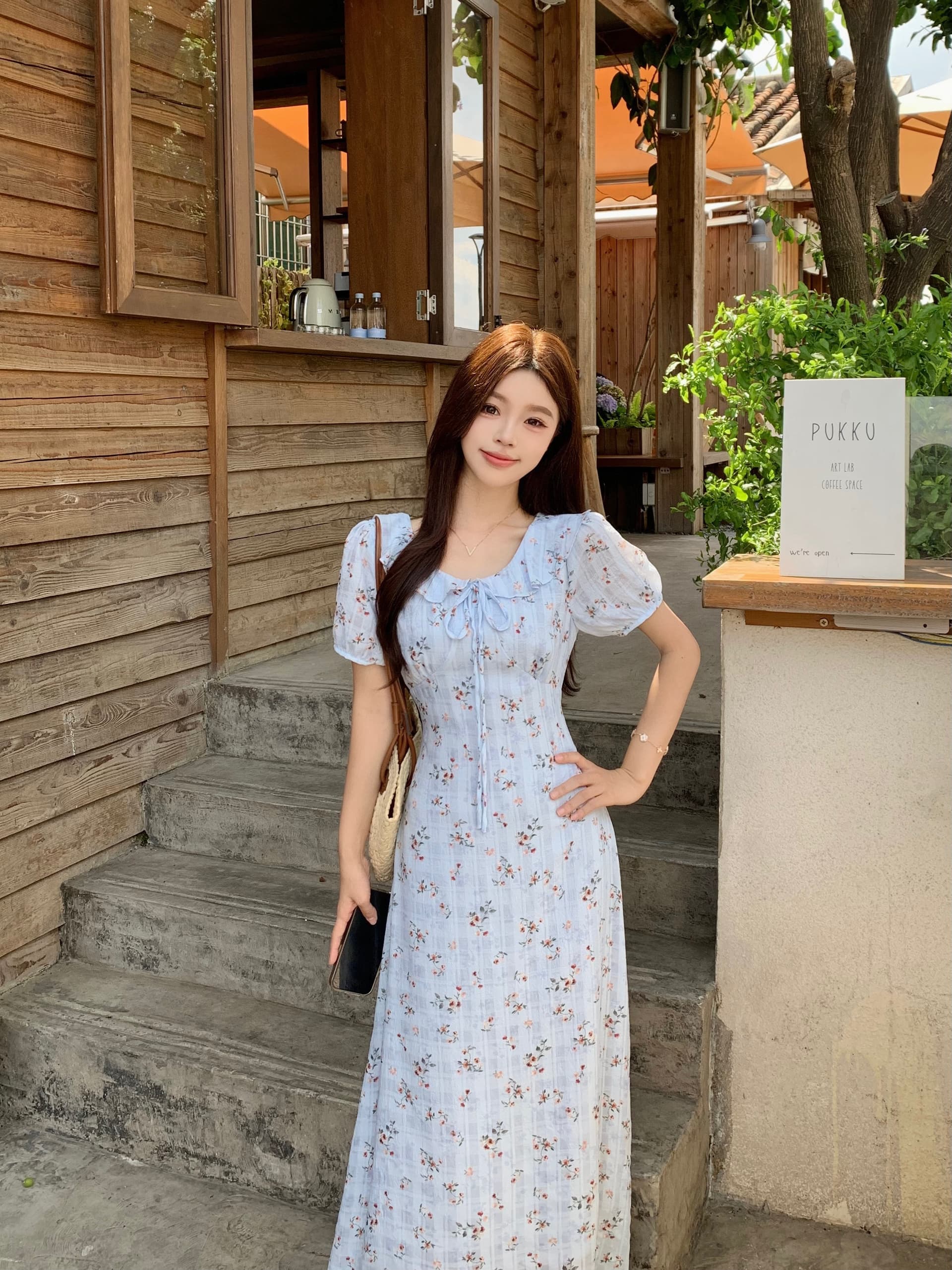 빅 사이즈 mm 파란색 꽃무늬 프릴 칼라 드레스 프랑스식 차 휴식 부드러운 부서 꼬집기 허리 슬림해 보이는 레이스업 캐주얼 치마 상세 이미지 10