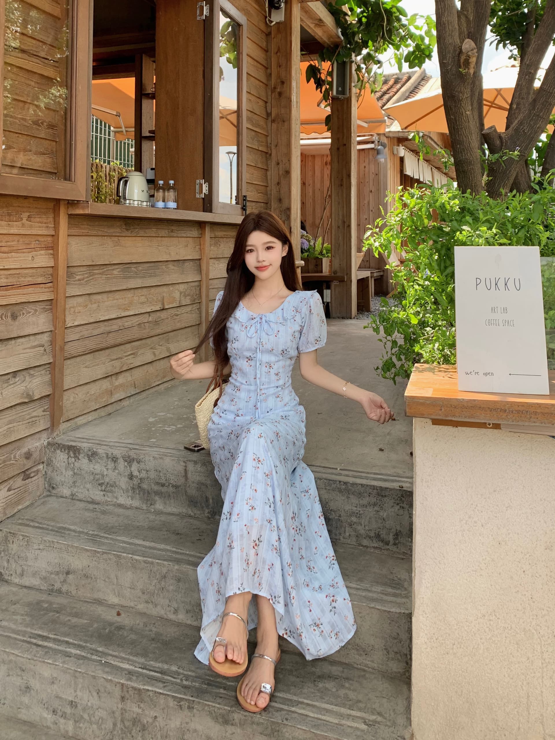 빅 사이즈 mm 파란색 꽃무늬 프릴 칼라 드레스 프랑스식 차 휴식 부드러운 부서 꼬집기 허리 슬림해 보이는 레이스업 캐주얼 치마 상세 이미지 11
