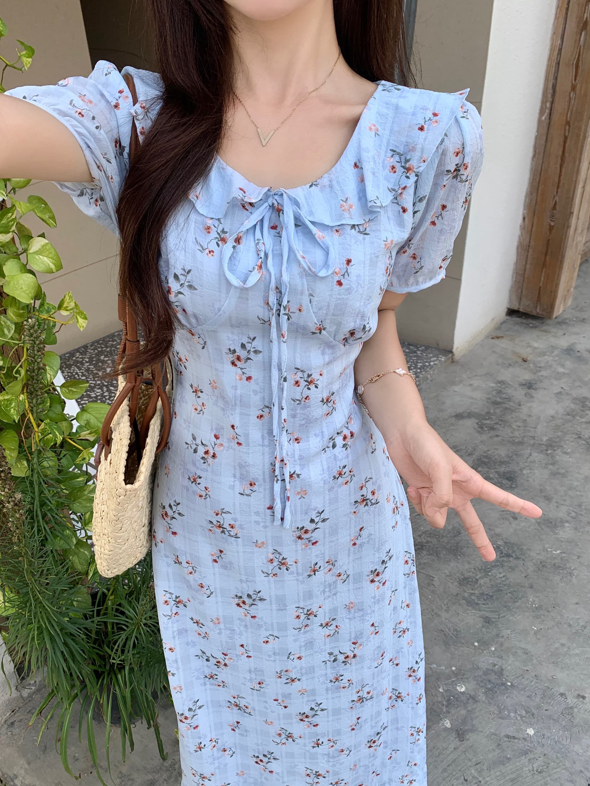 빅 사이즈 mm 파란색 꽃무늬 프릴 칼라 드레스 프랑스식 차 휴식 부드러운 부서 꼬집기 허리 슬림해 보이는 레이스업 캐주얼 치마 상세 이미지 12